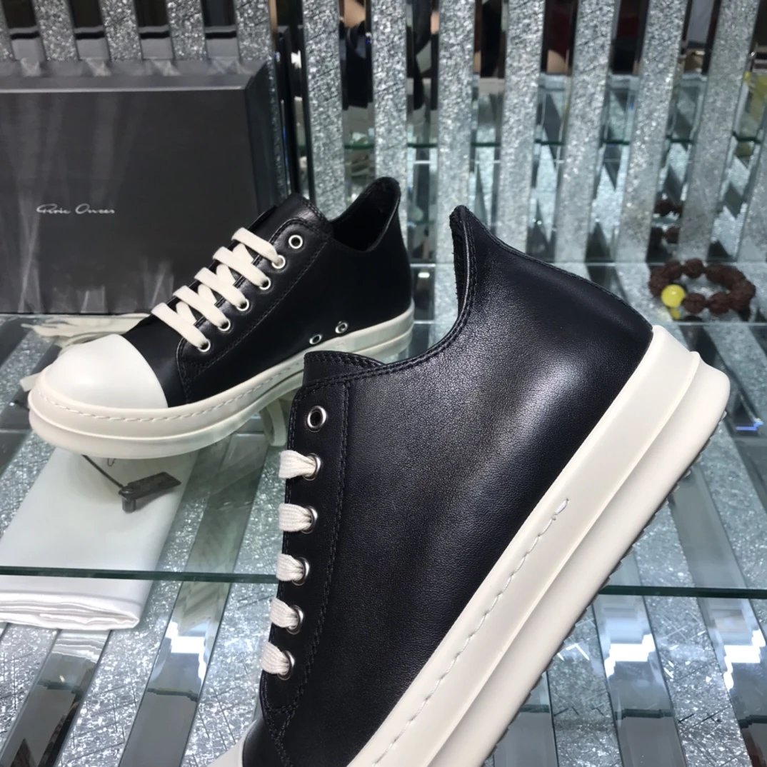 Rick Owens Leather Sneakers Black White - Gallery Image 5 - Detailed View