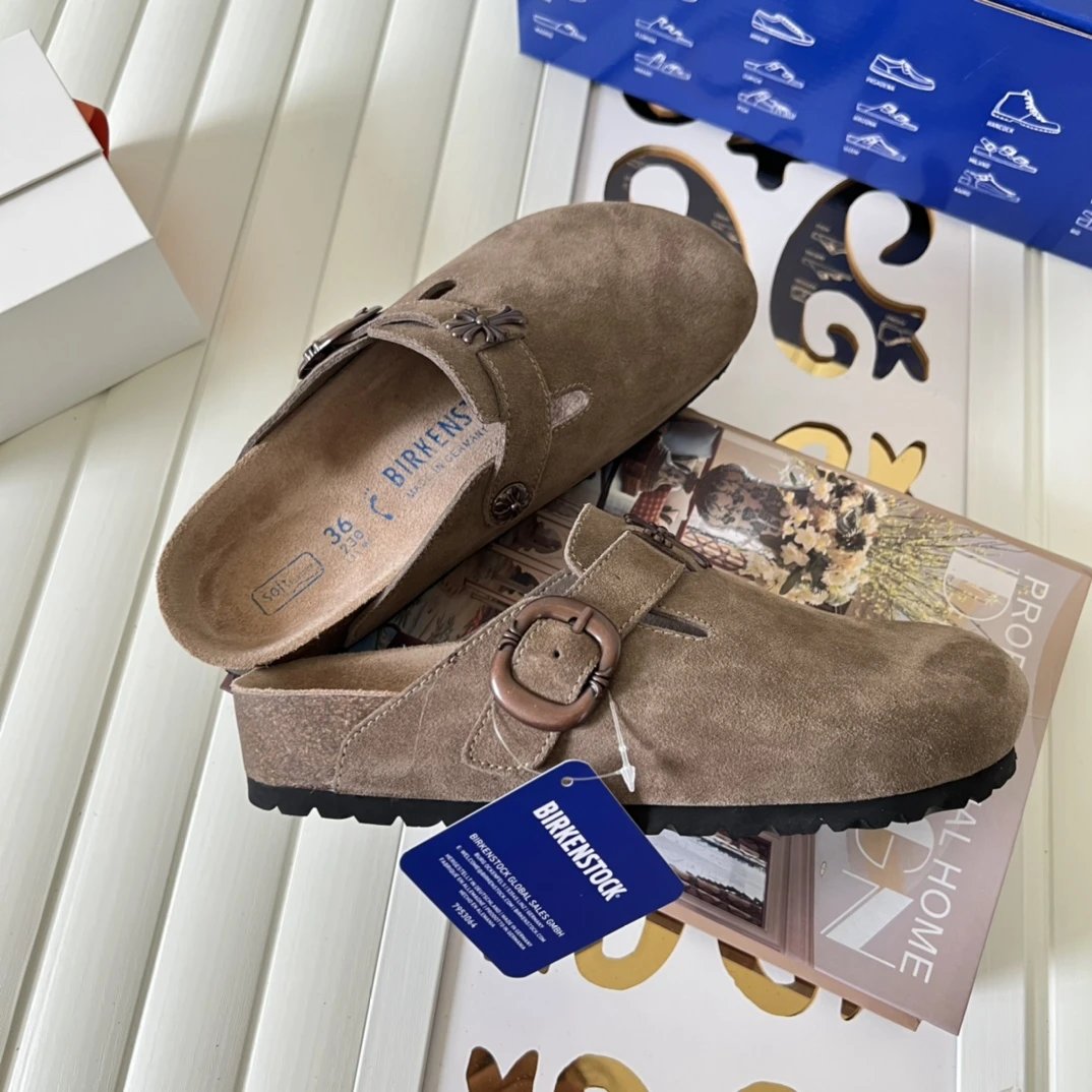 Suede Cross Buckle Closed Toe Clogs Unisex Mocha - Gallery Image 7 - Detailed View