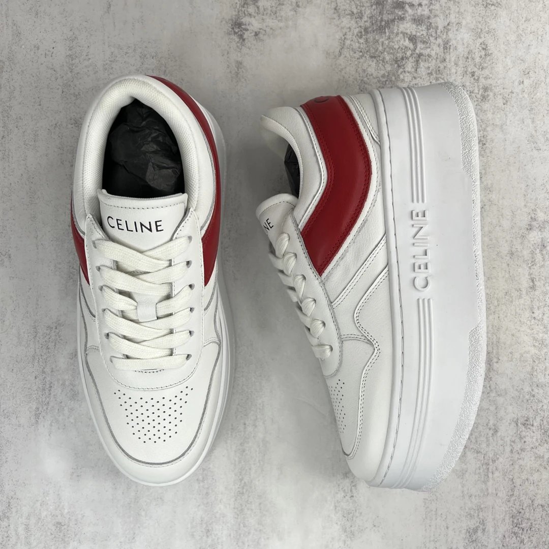 Platform Leather Sneakers with Triomphe Detail in Crimson White - Gallery Image 3 - Detailed View