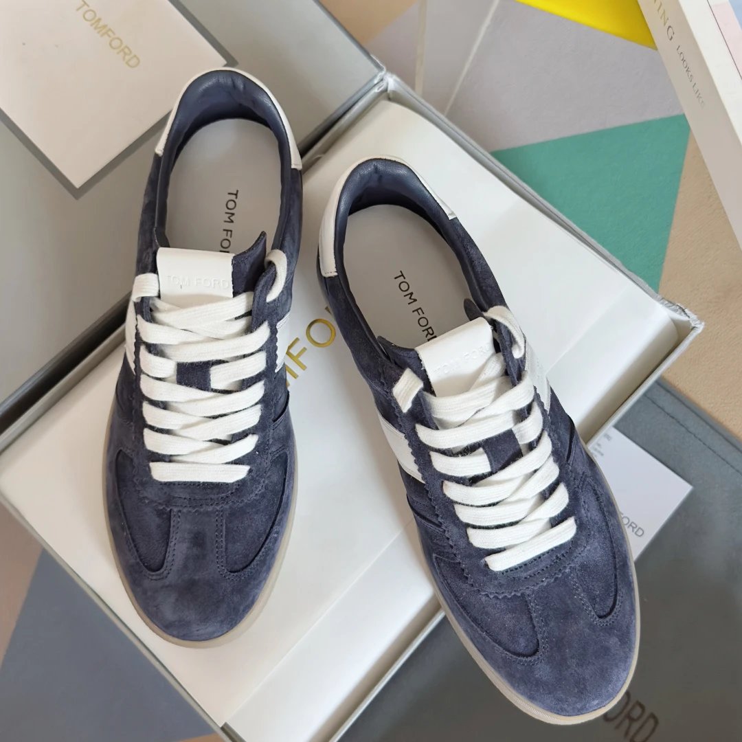 Suede German Trainer Sneakers Ivory Navy - Gallery Image 2 - Detailed View