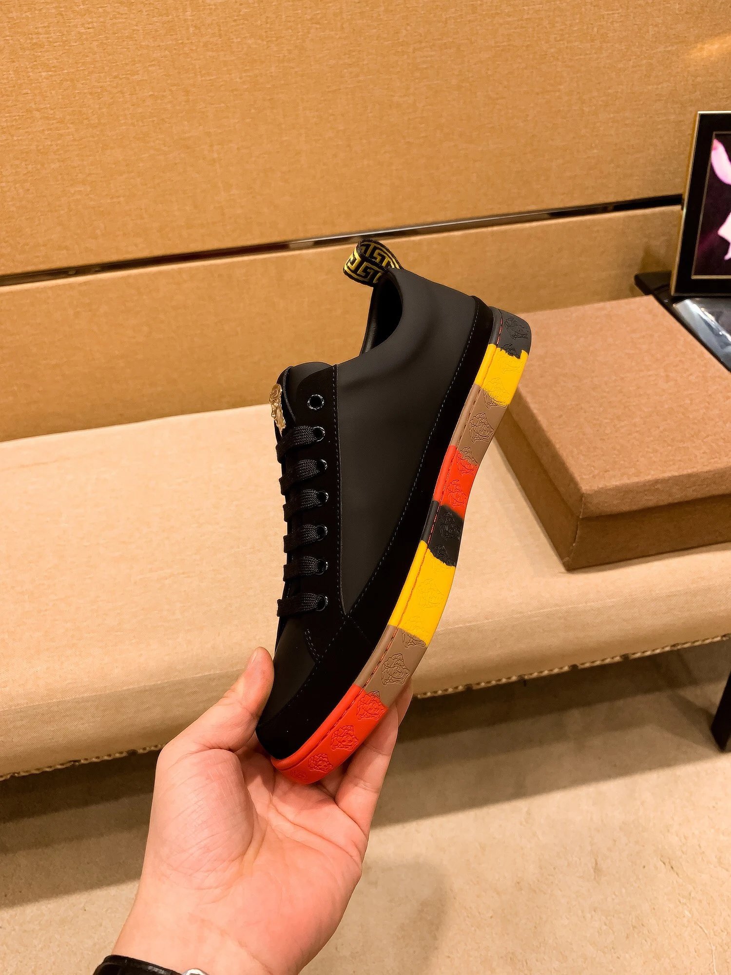 Luxury Leather Sneakers Colorblock Trim Ebony - Gallery Image 7 - Detailed View