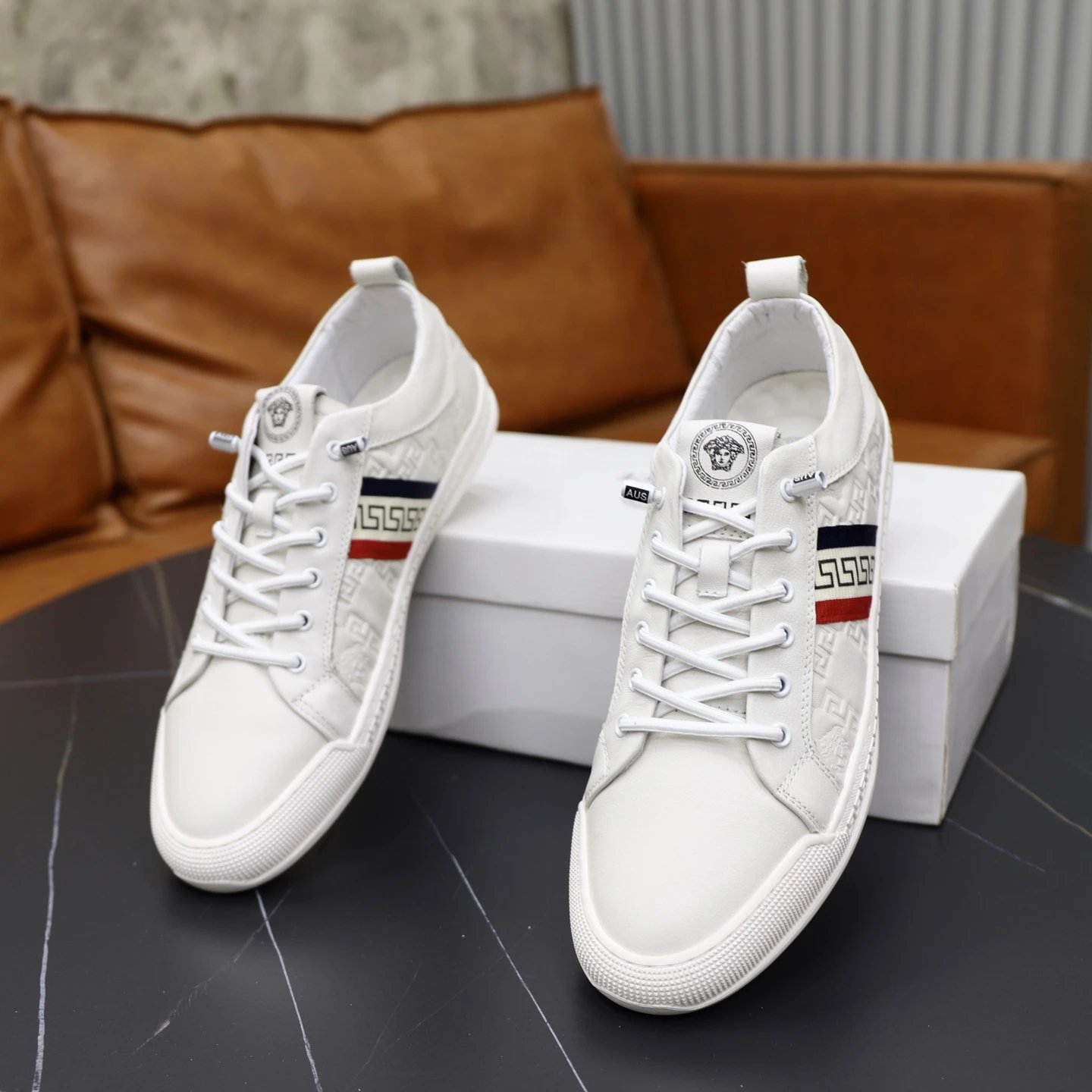 Luxury Leather Running Sneakers Ivory White - Gallery Image 6 - Detailed View