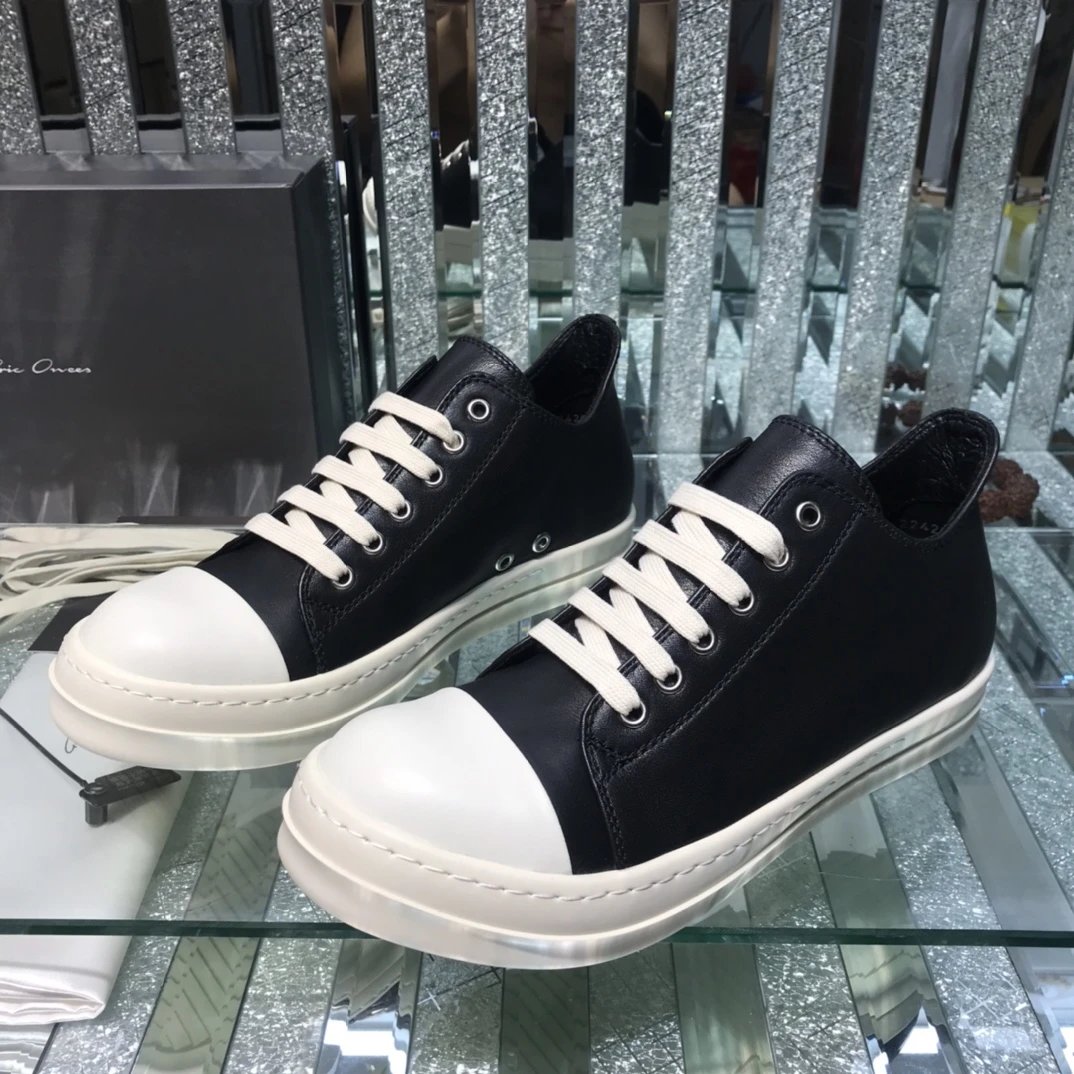 Rick Owens Leather Sneakers Black White - Gallery Image 2 - Detailed View