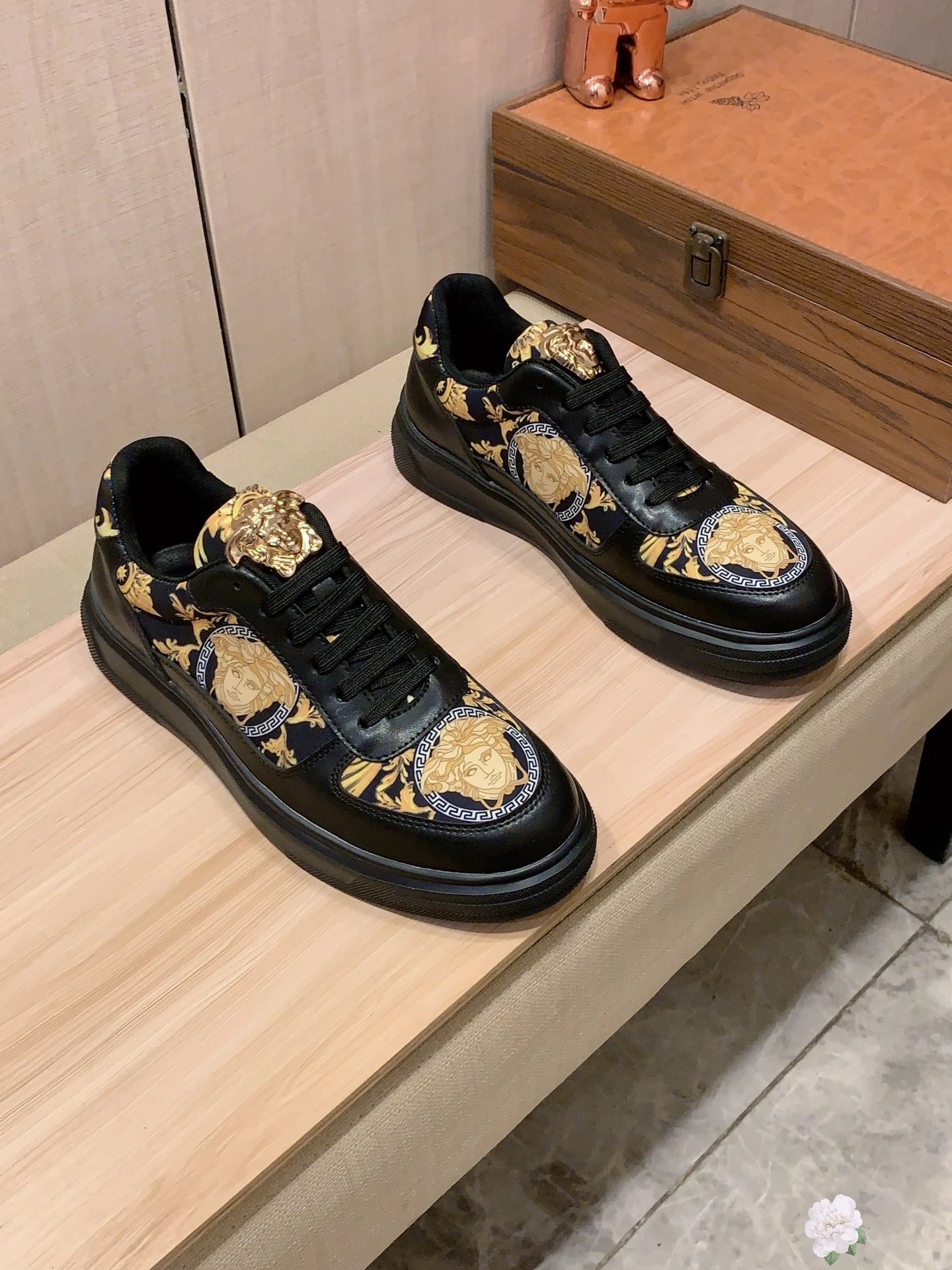 Baroque Leather Low Top Sneakers Black Gold - Gallery Image 2 - Detailed View