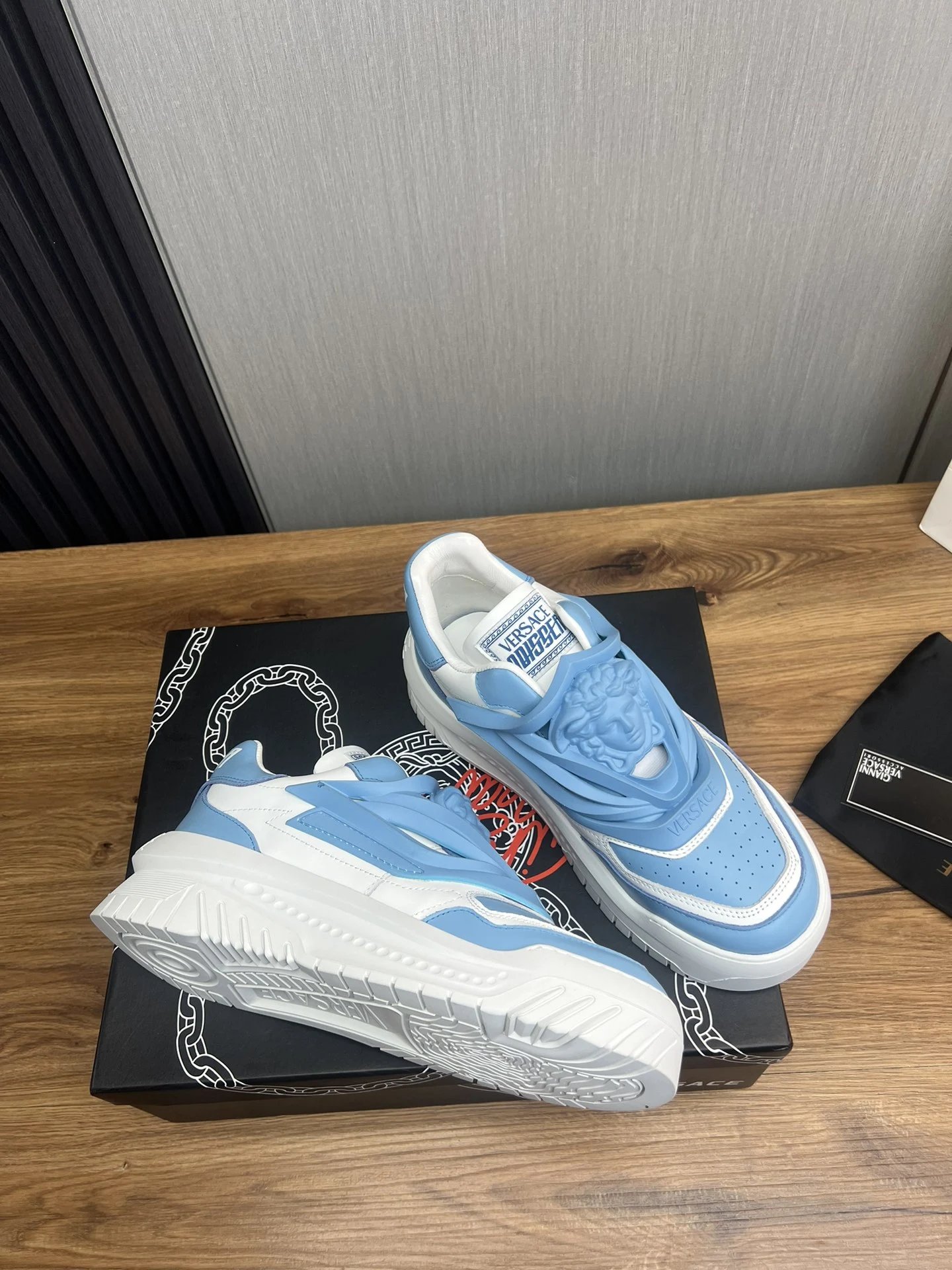 Luxury Leather Low Top Sneakers Mens Powder Blue - Gallery Image 5 - Detailed View