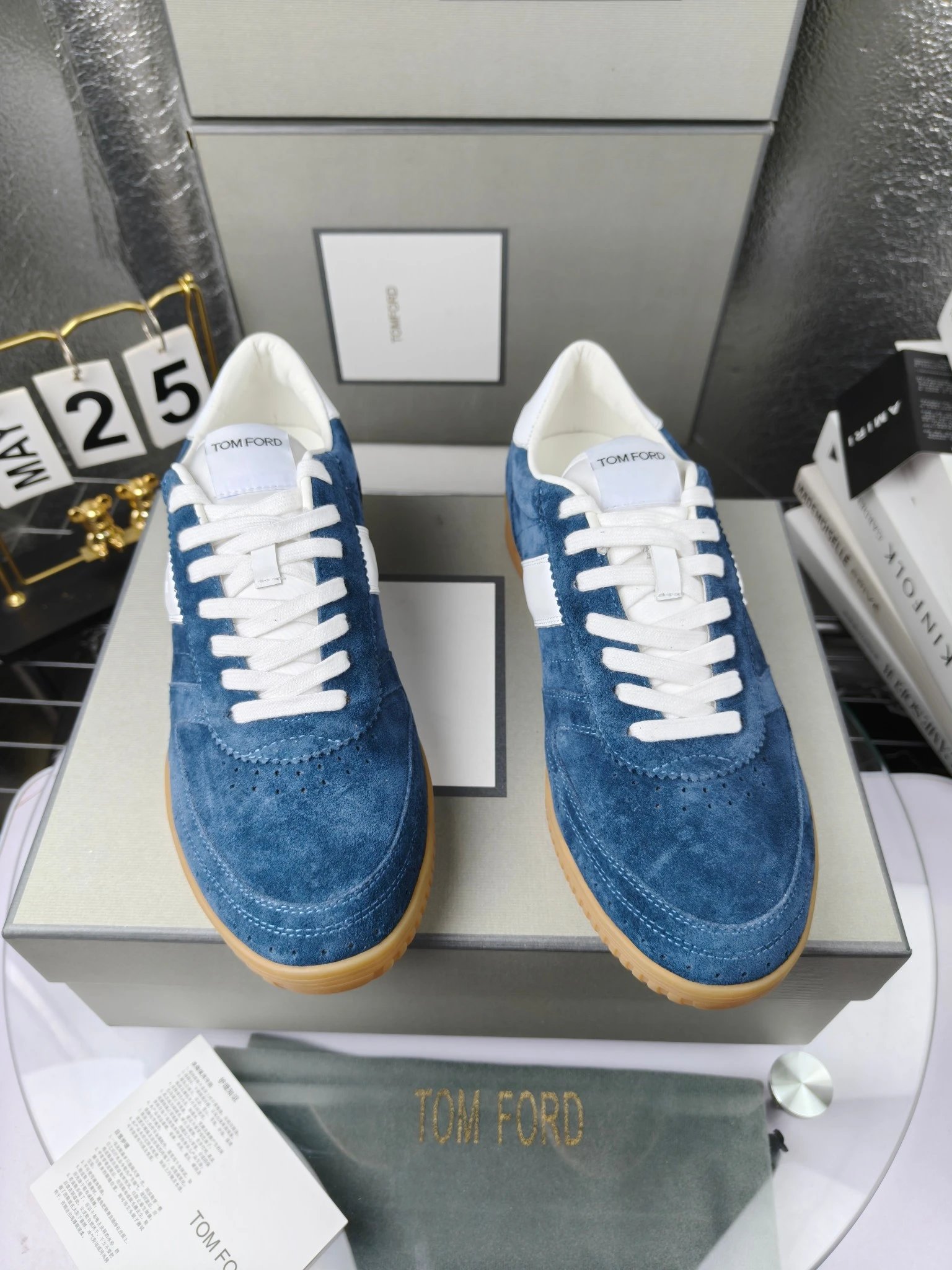 Suede Leather Sneakers Retro Gum Sole in Ocean Blue - Gallery Image 3 - Detailed View