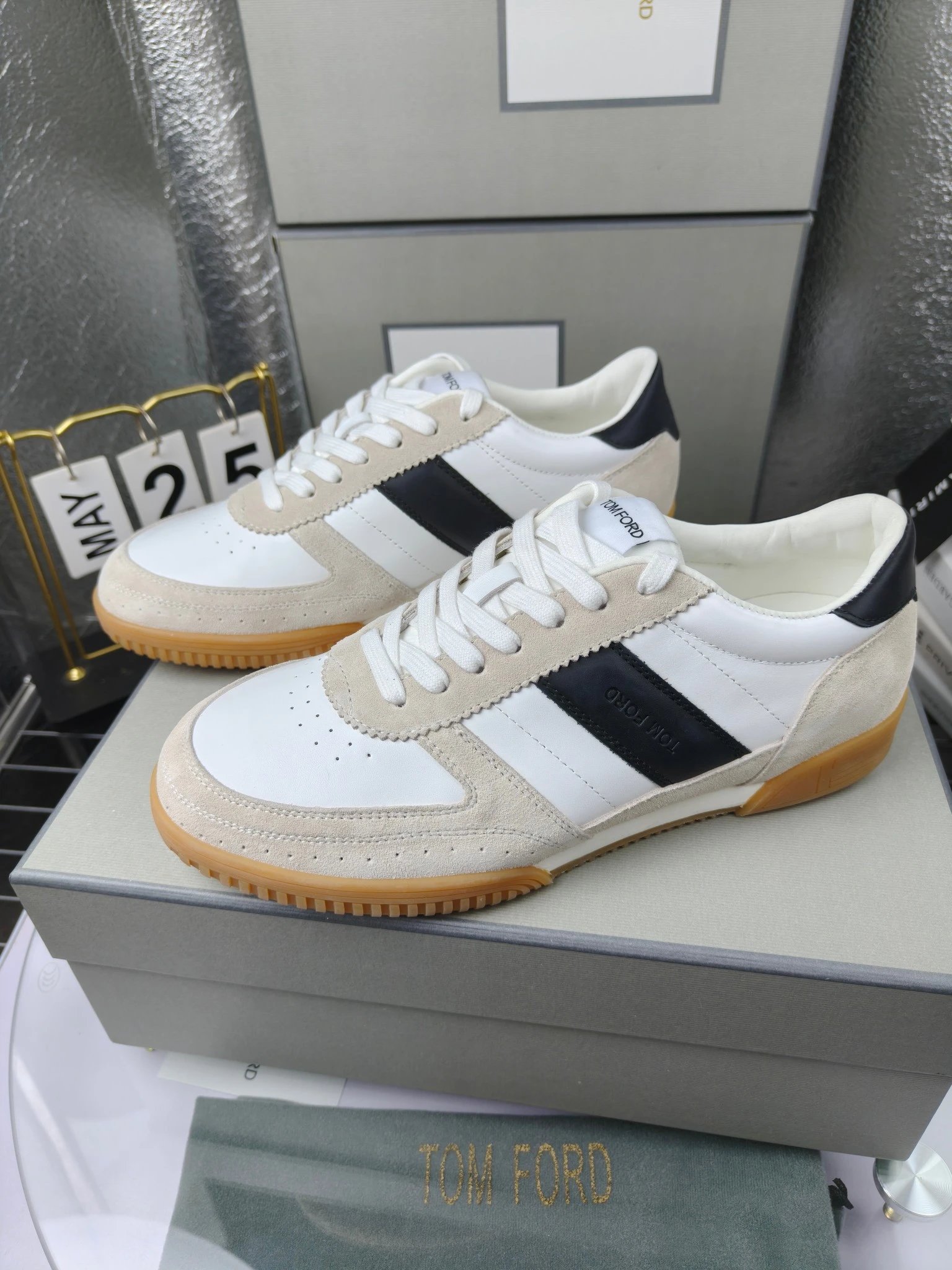 Retro Suede Leather Sneakers Ivory Noir - Gallery Image 2 - Detailed View