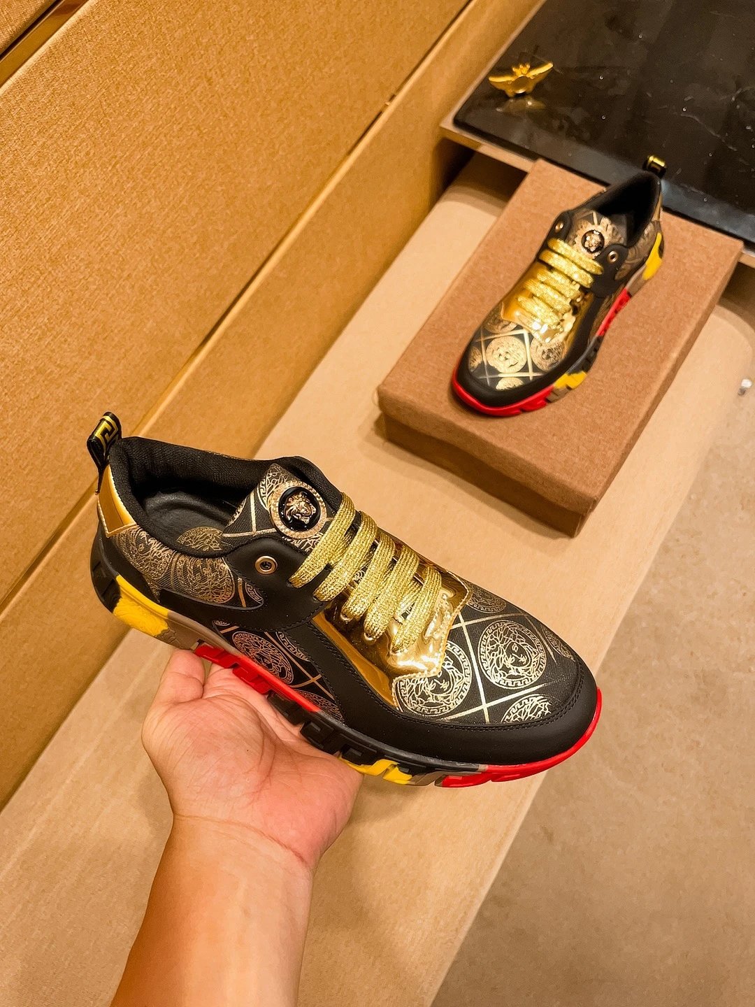 Luxury Leather Sneakers Baroque Gold Black - Gallery Image 4 - Detailed View