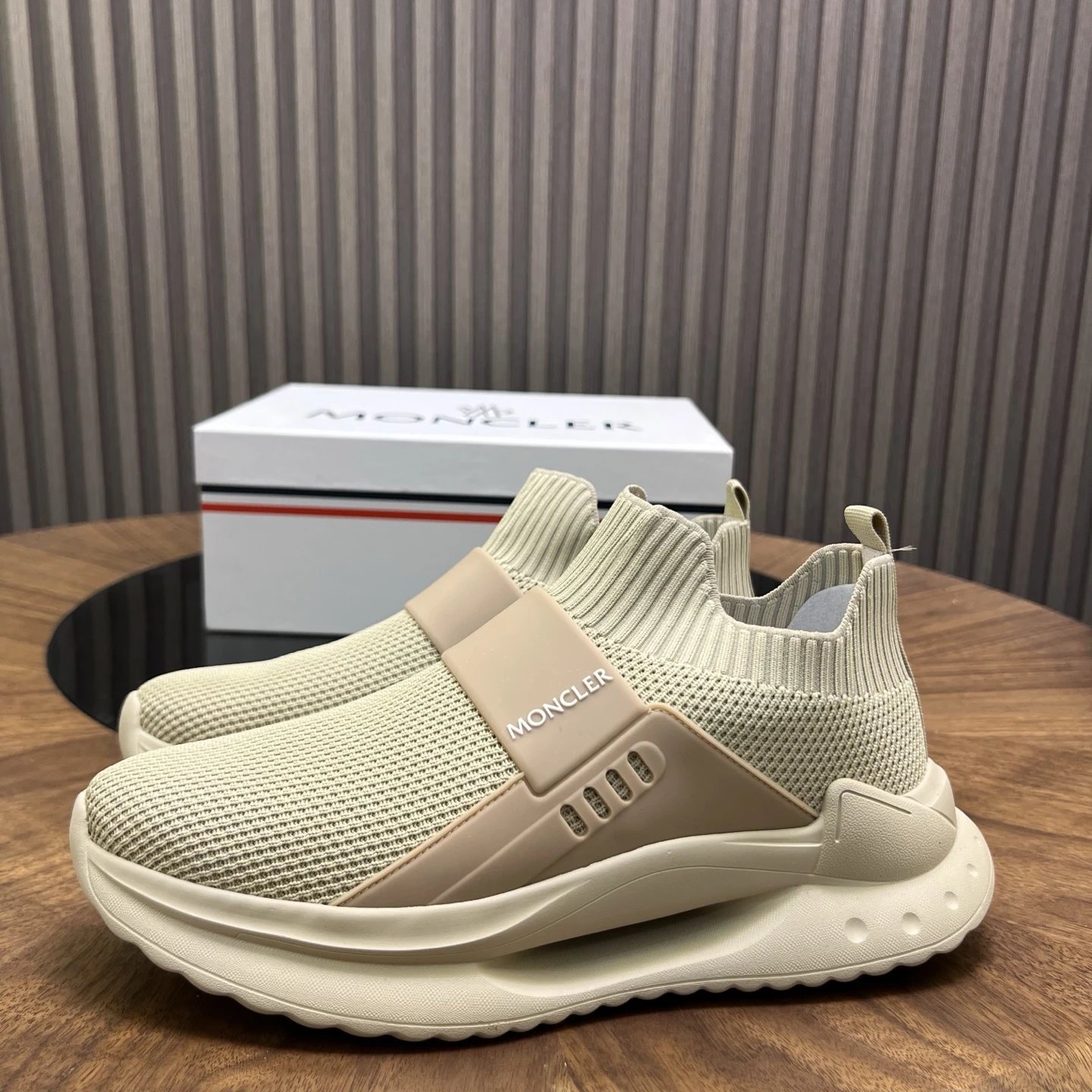 Moncler Ultra-light Knit Sneakers Beige - Gallery Image 3 - Detailed View