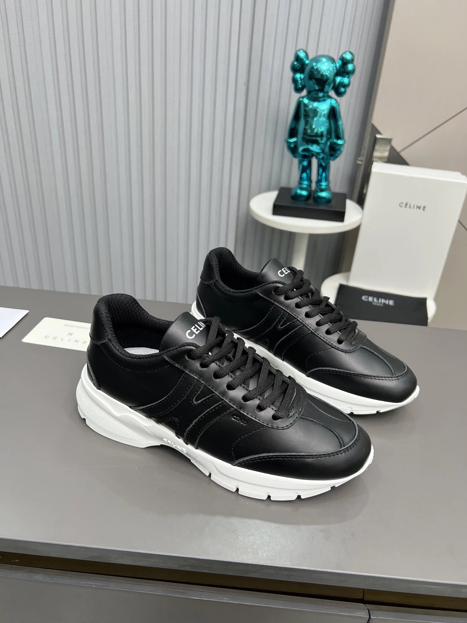 Chunky Leather Dad Sneakers Retro Style Onyx Black - Celine - Cnfans - $67.74