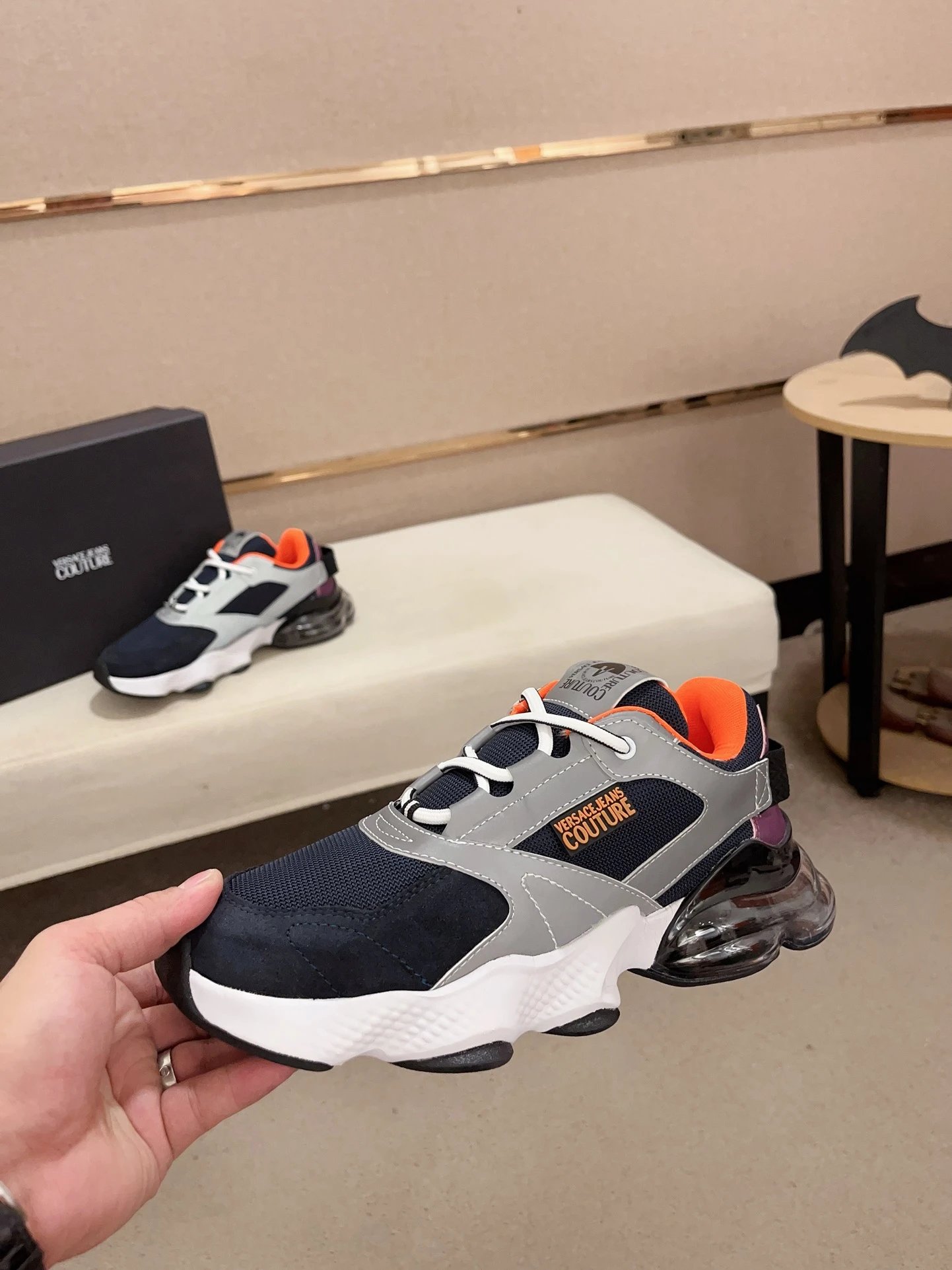 Luxury Mesh Leather Sneakers Navy Grey - Gallery Image 3 - Detailed View