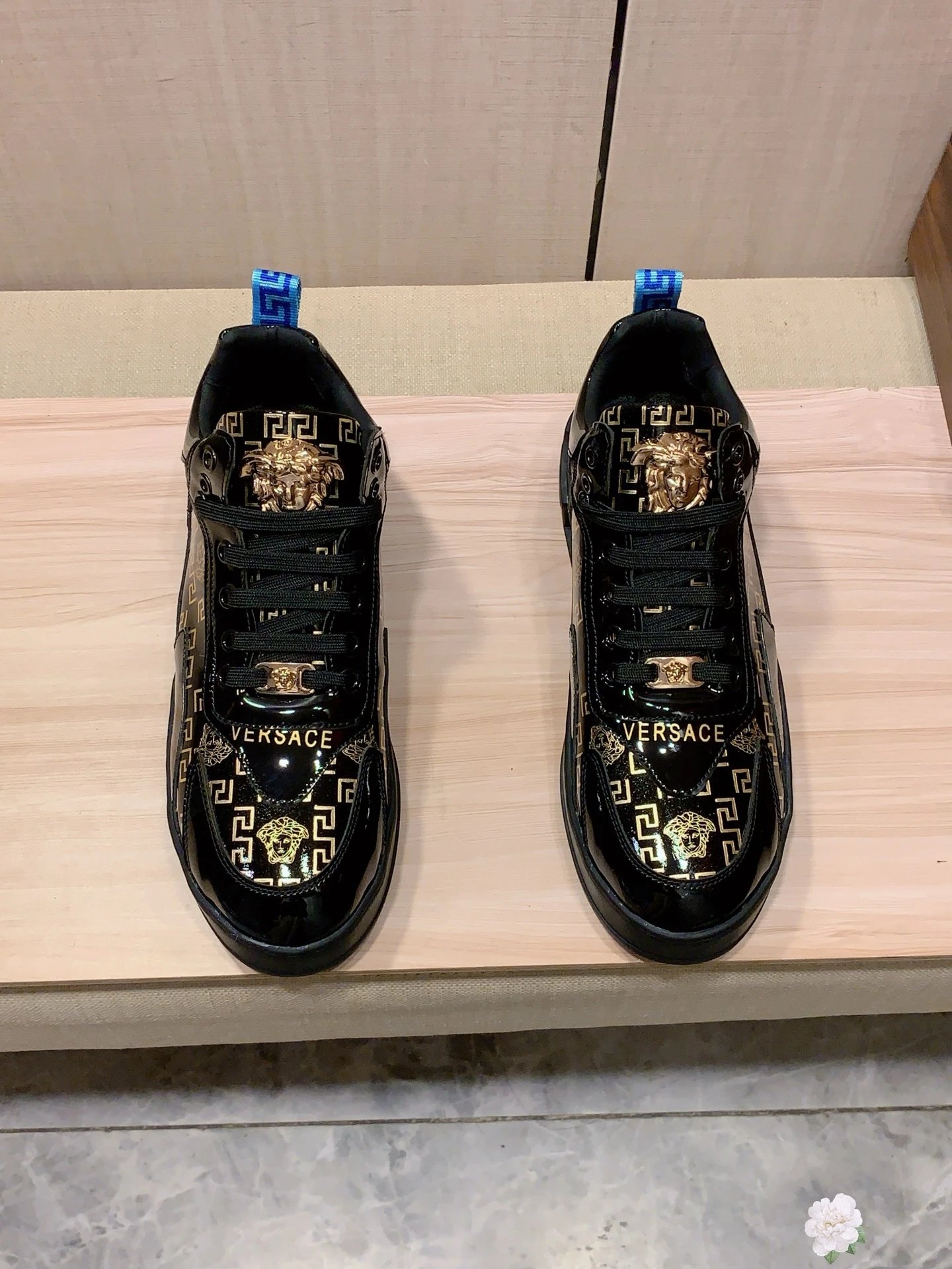 Luxury Leather Sneakers Greek Key Black Gold - Gallery Image 3 - Detailed View