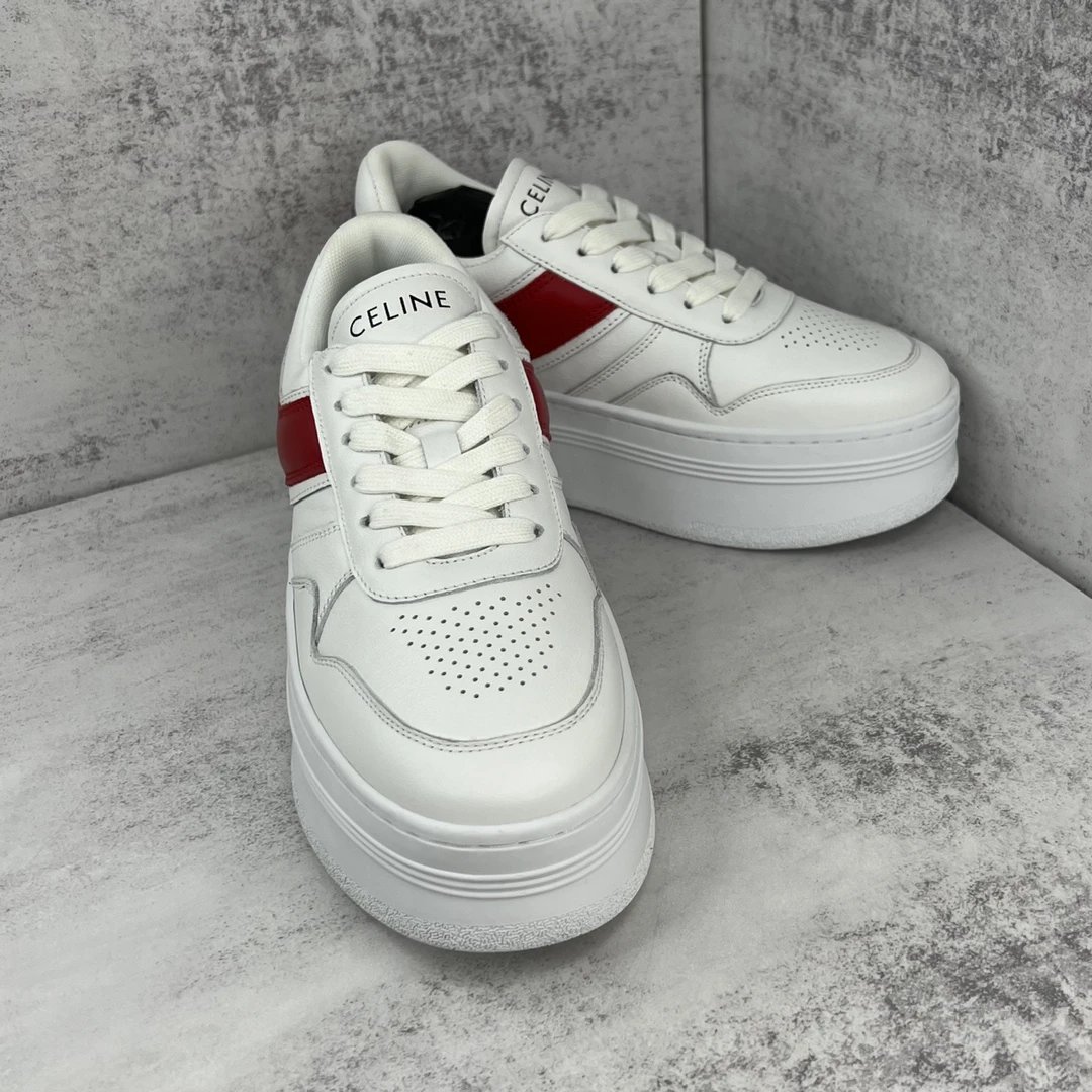Platform Leather Sneakers with Triomphe Detail in Crimson White - Gallery Image 2 - Detailed View