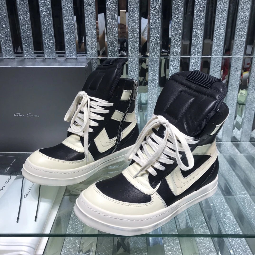 Rick Owens Geobasket Triangular High-Top Sneakers Black White - Gallery Image 2 - Detailed View