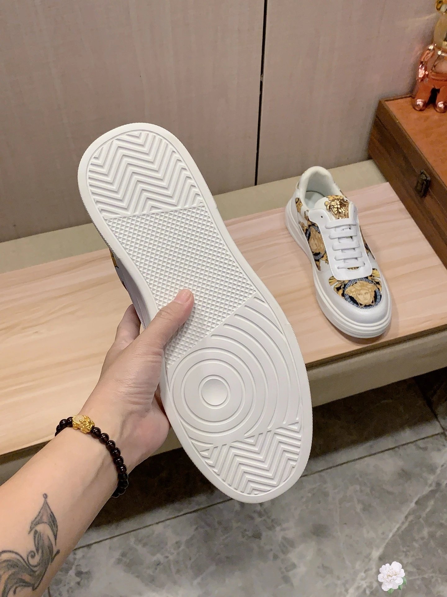 Baroque Leather Low Top Sneakers White Gold - Gallery Image 8 - Detailed View