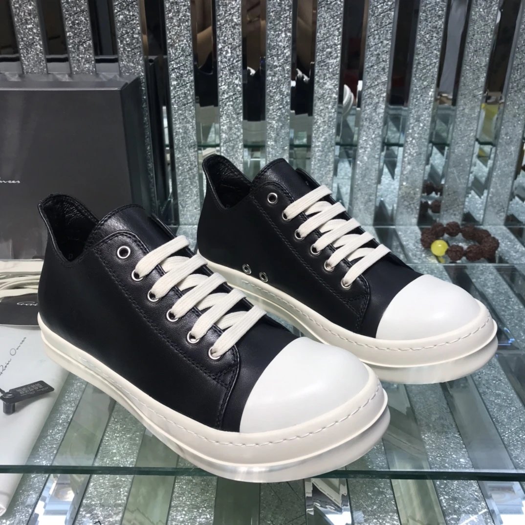Rick Owens Leather Sneakers Black White - Gallery Image 3 - Detailed View