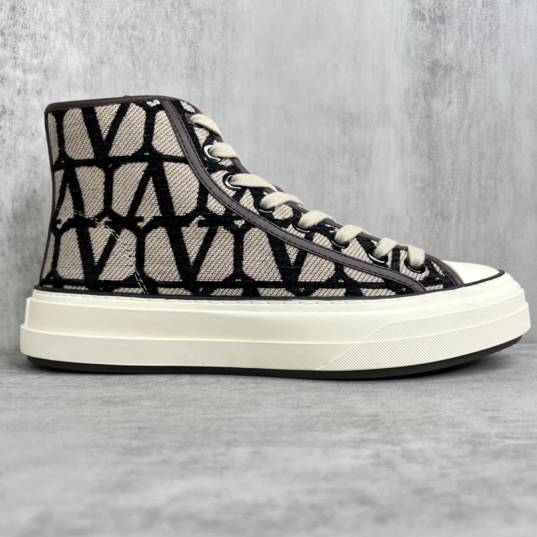 High Top Canvas Sneakers with Leather Trim Beige Black - Gallery Image 6 - Detailed View