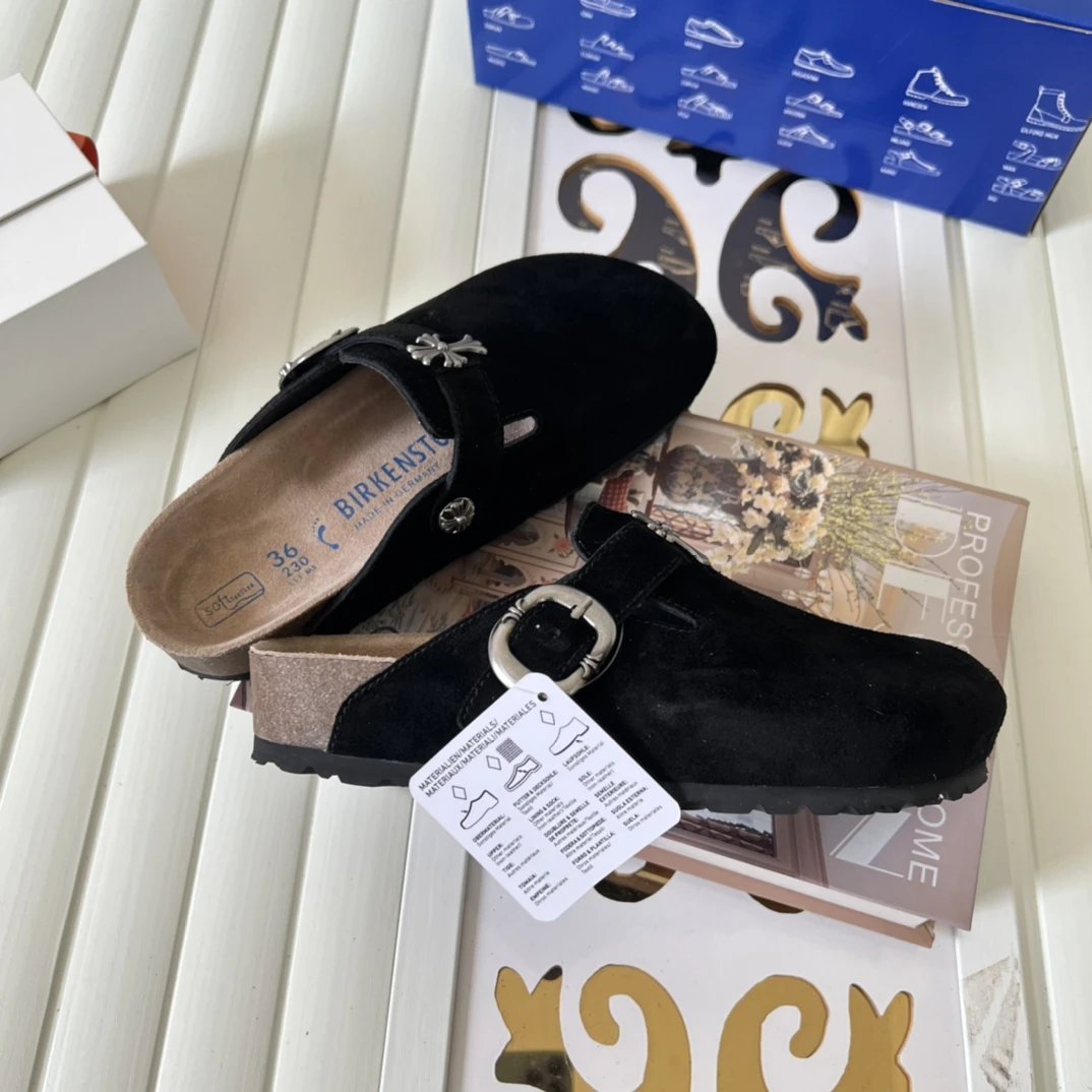 Suede Cross Buckle Closed Toe Mules Soft Sole Ebony - Gallery Image 7 - Detailed View