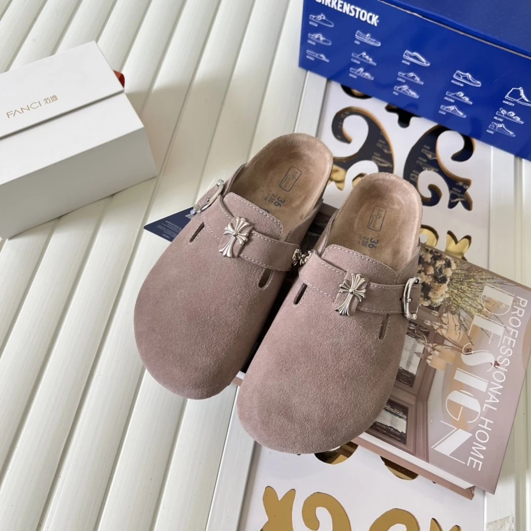 Suede Cross Buckle Closed Toe Clogs Nude Taupe - Gallery Image 2 - Detailed View