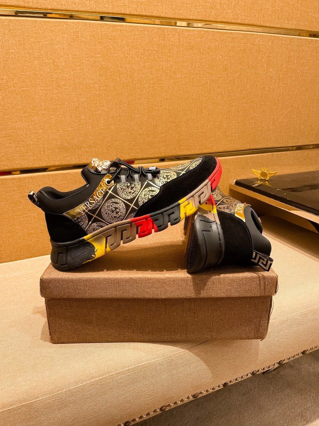 Baroque Leather Sneakers Black Gold Red - Gallery Image 2 - Detailed View