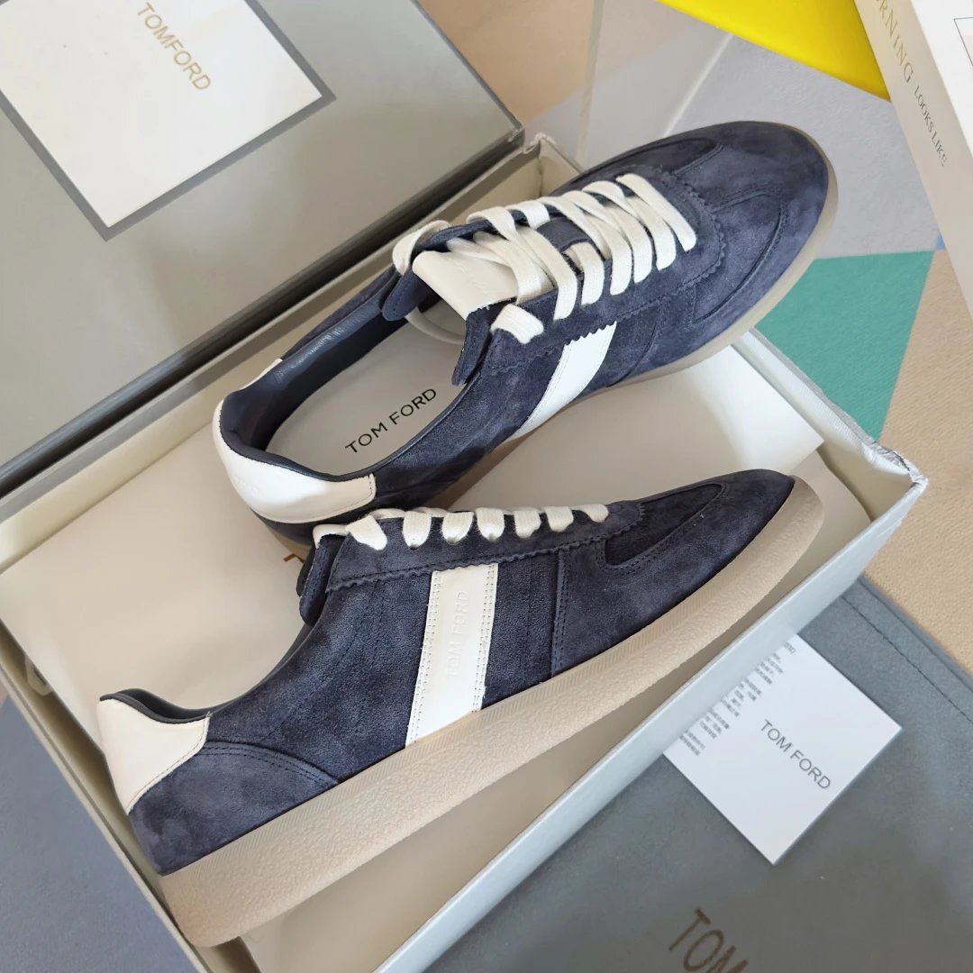 Suede German Trainer Sneakers Ivory Navy - Gallery Image 5 - Detailed View