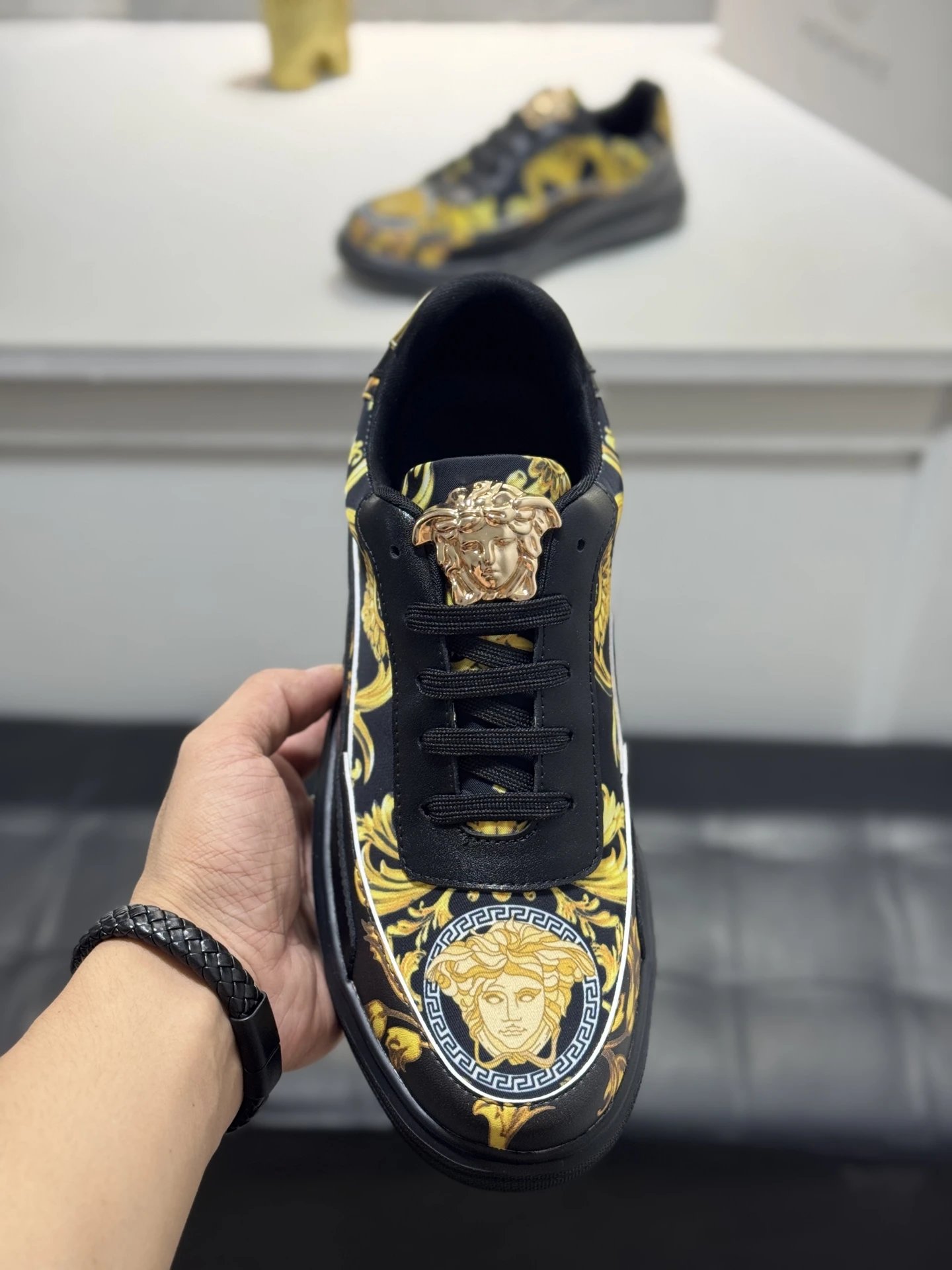 Baroque Leather Sneakers Casual Low Top Black Gold - Gallery Image 5 - Detailed View