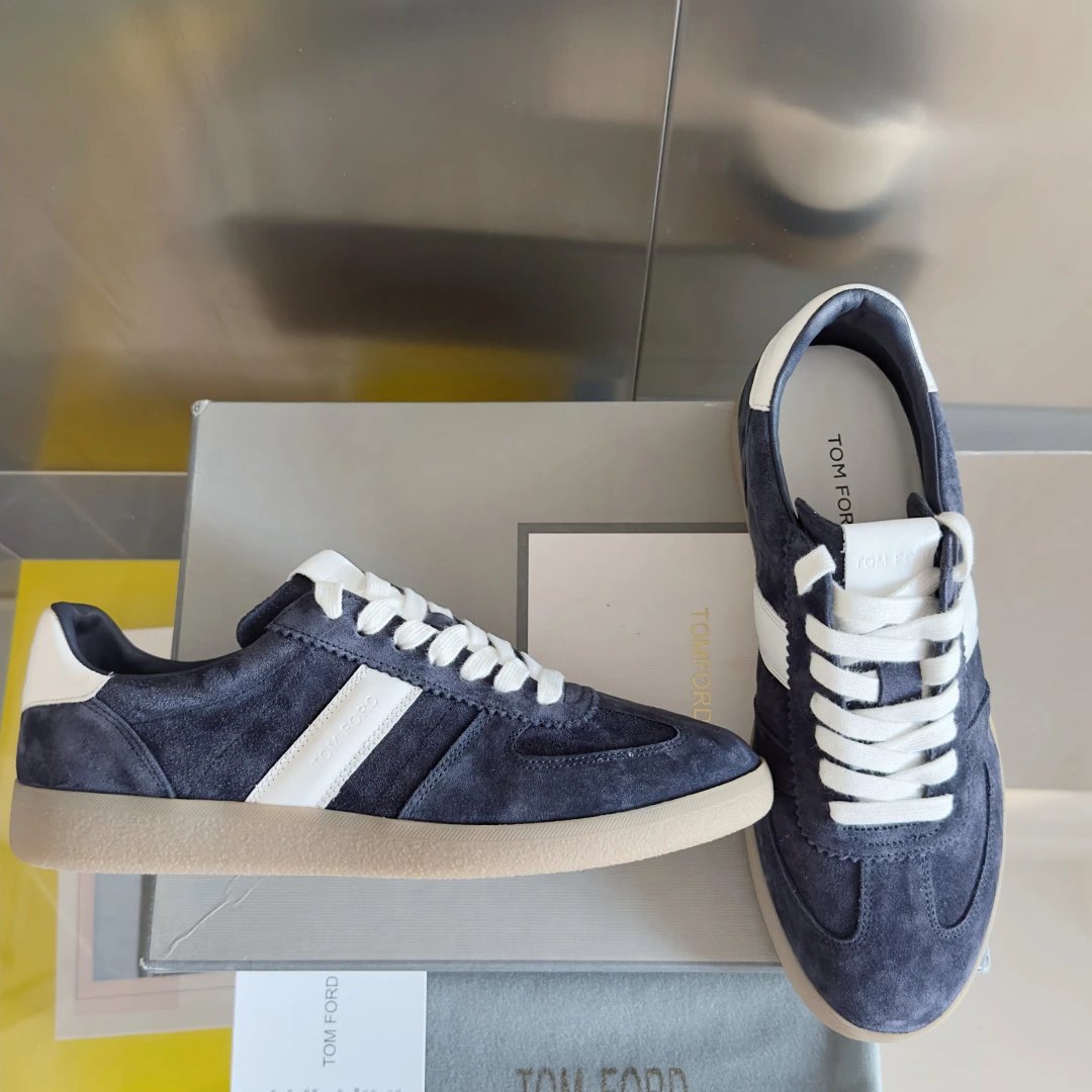 Suede German Trainer Sneakers Ivory Navy - Gallery Image 3 - Detailed View