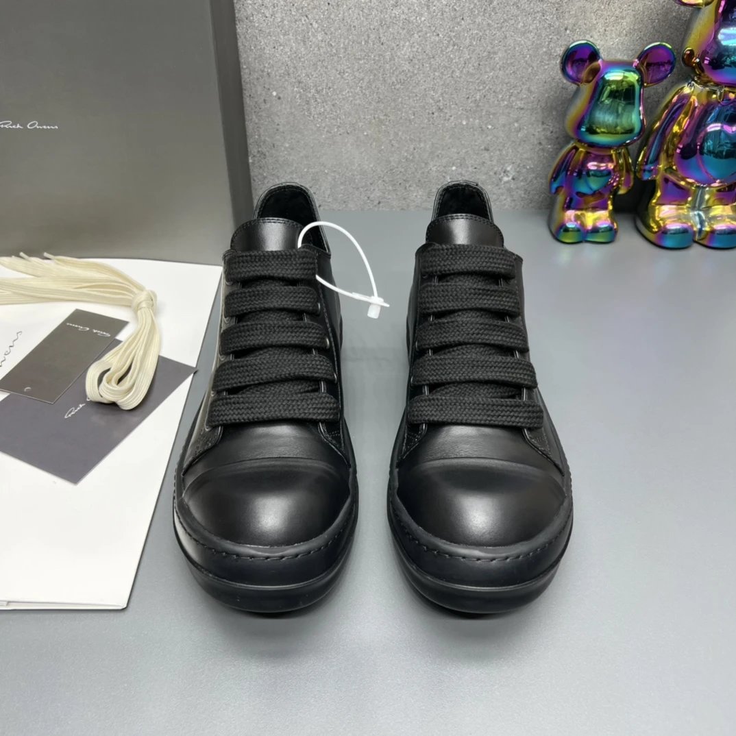 Rick Owens Leather Sneakers Black - Gallery Image 7 - Detailed View