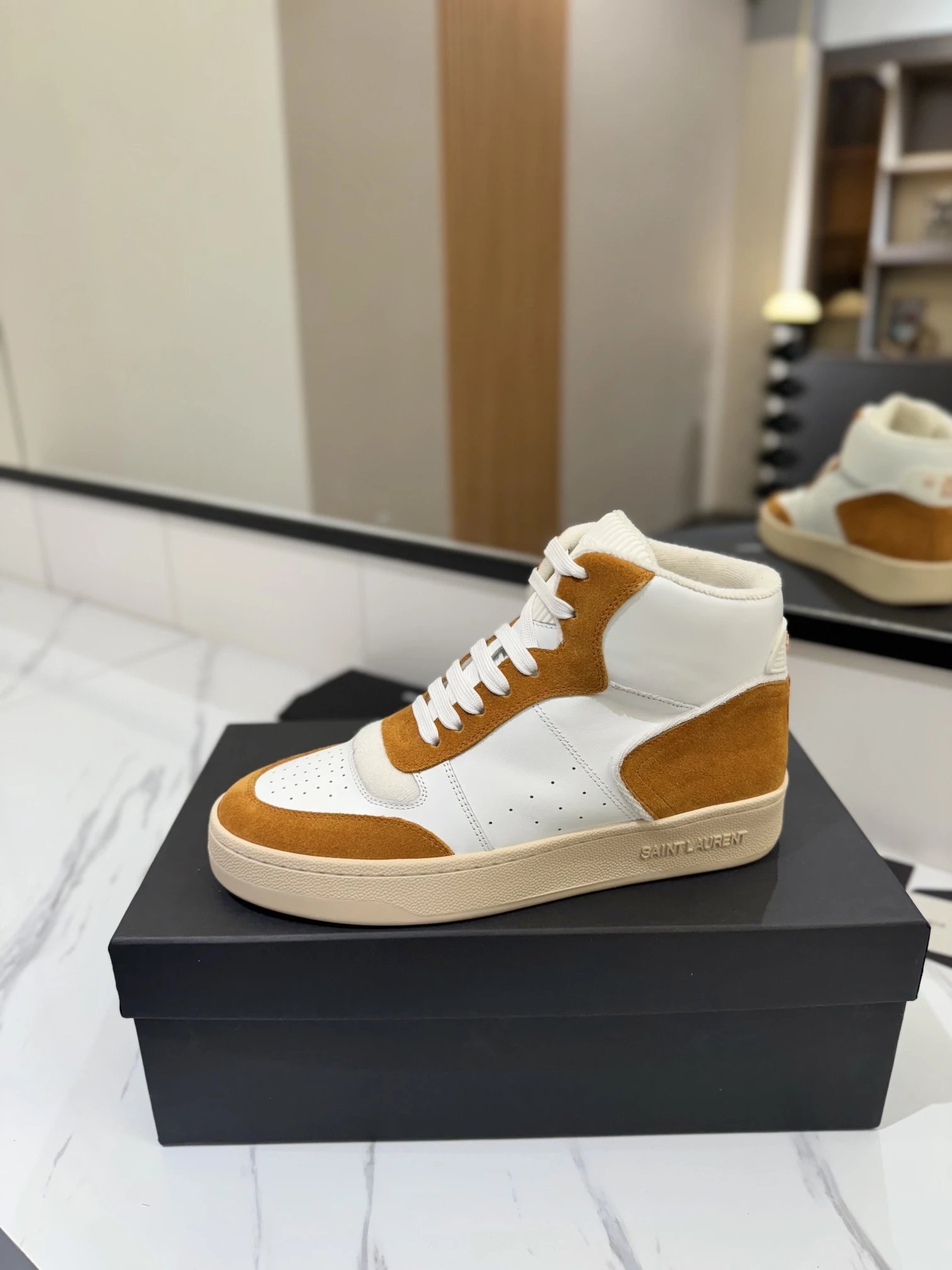 Saint Laurent SL80 Sneakers White & Camel - Gallery Image 4 - Detailed View