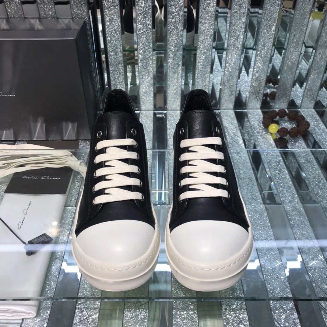 Rick Owens Leather Sneakers Black White - Gallery Image 7 - Detailed View