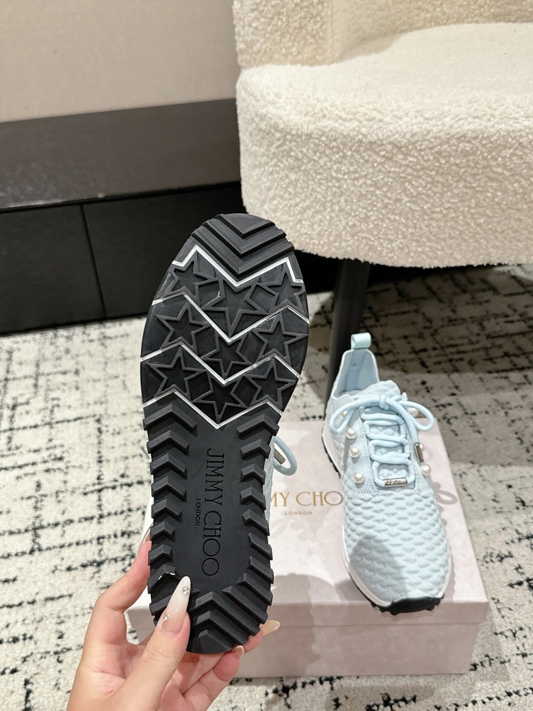 Jimmy Choo Knit Pearl Sneakers Blue - Gallery Image 9 - Detailed View