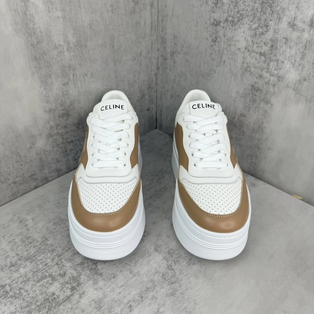 Platform Leather Sneakers High Top Breathable Tan White - Gallery Image 4 - Detailed View