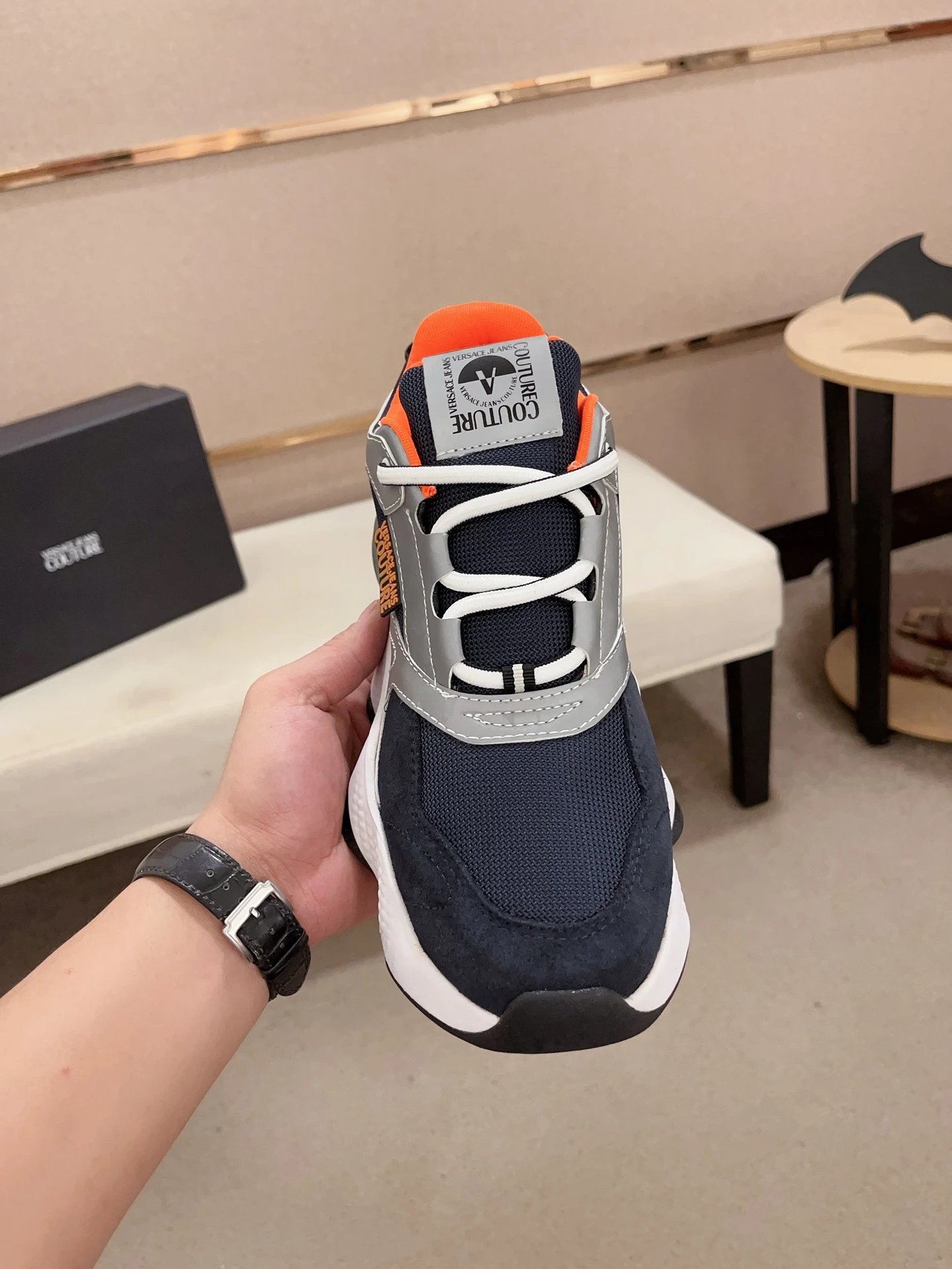 Luxury Mesh Leather Sneakers Navy Grey - Gallery Image 2 - Detailed View