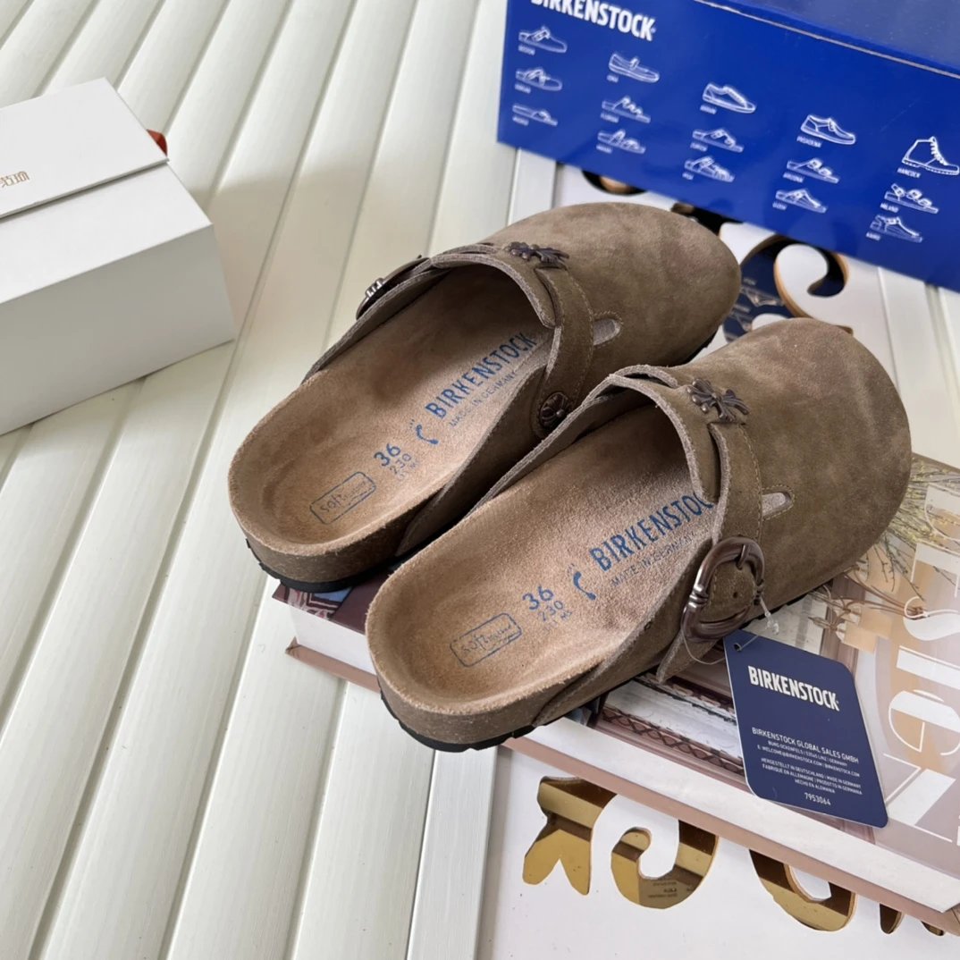 Suede Cross Buckle Closed Toe Clogs Unisex Mocha - Gallery Image 6 - Detailed View