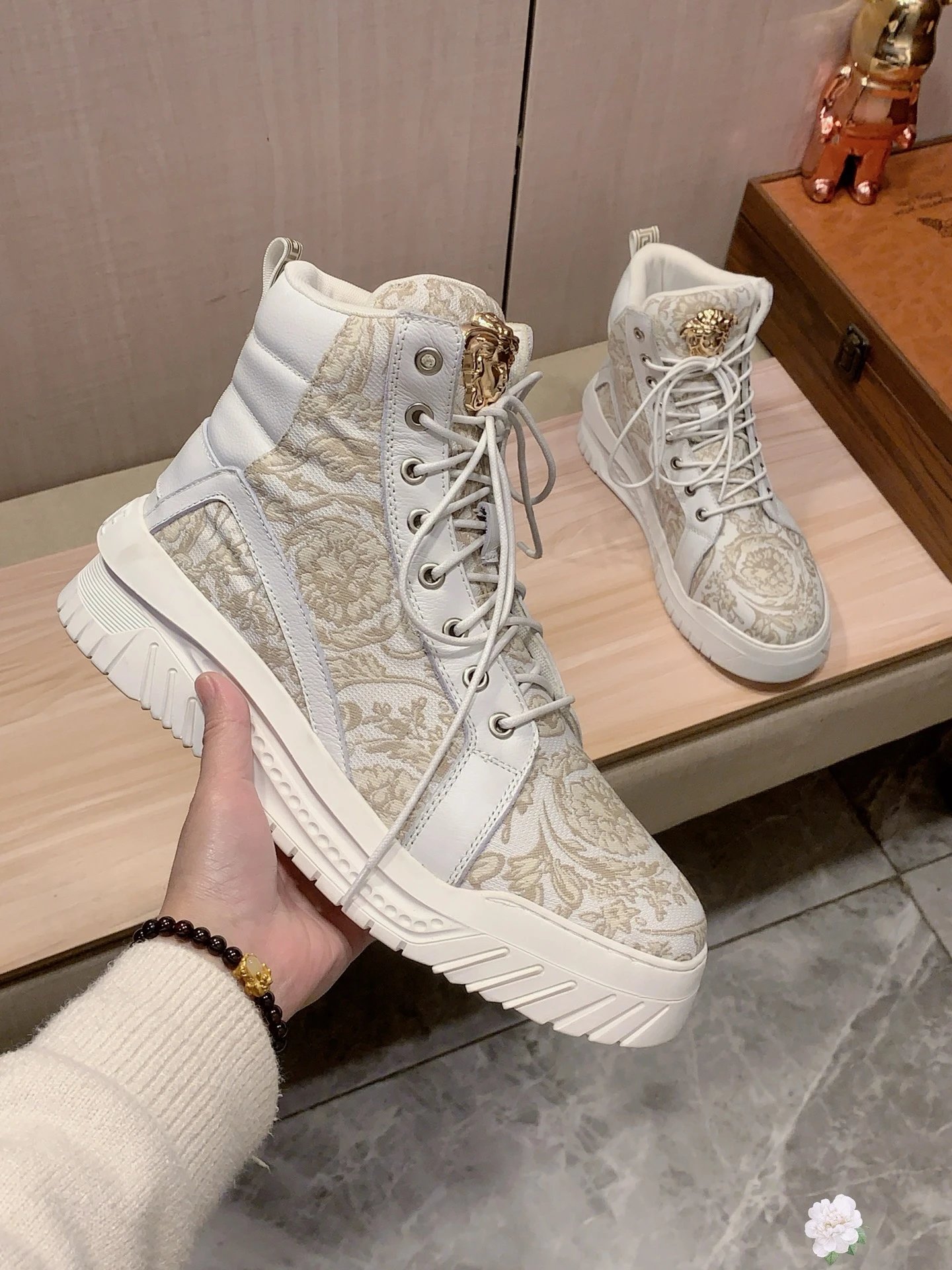 High Top Leather Jacquard Sneakers Ivory - Gallery Image 7 - Detailed View