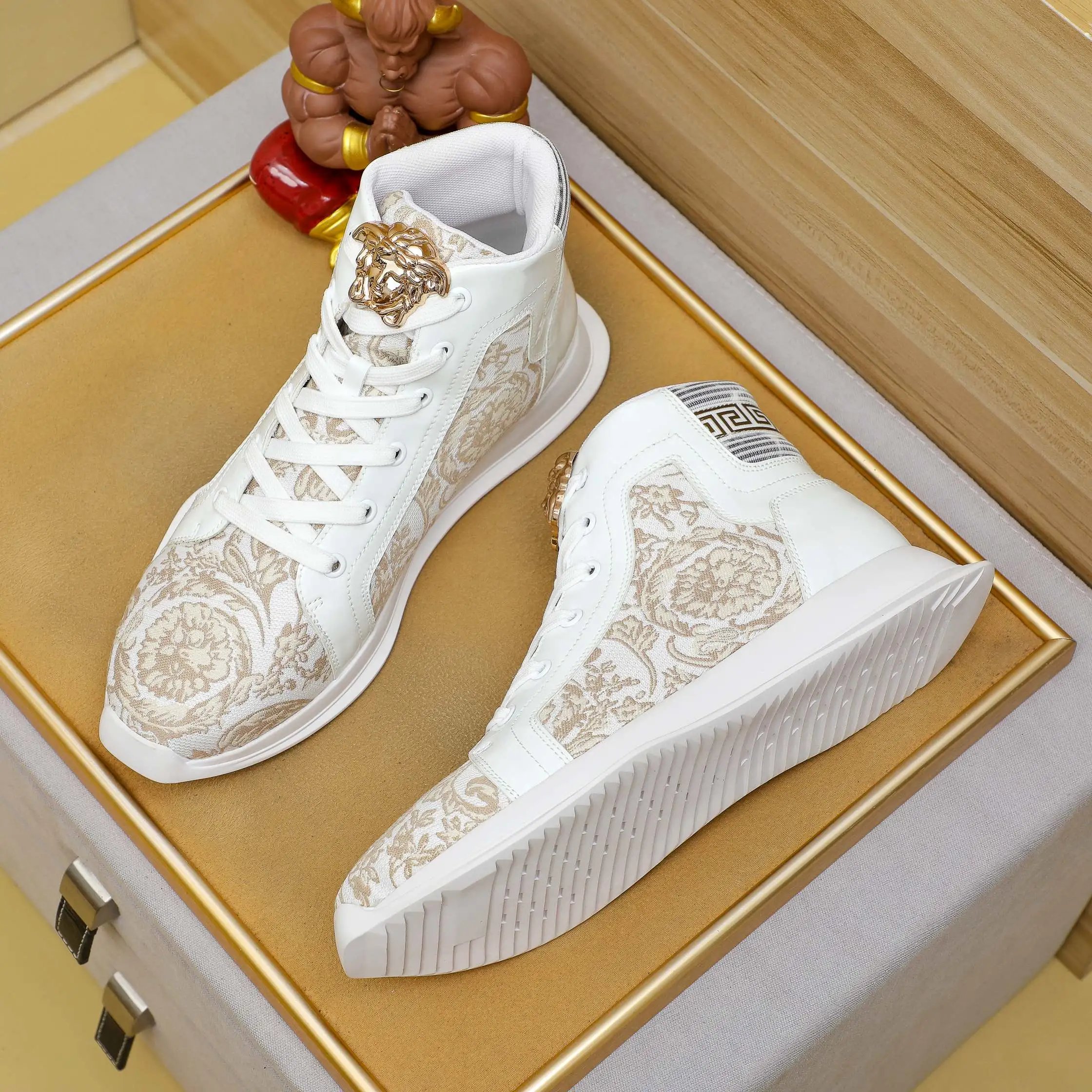 Baroque Leather High Top Sneakers Ivory - Gallery Image 4 - Detailed View