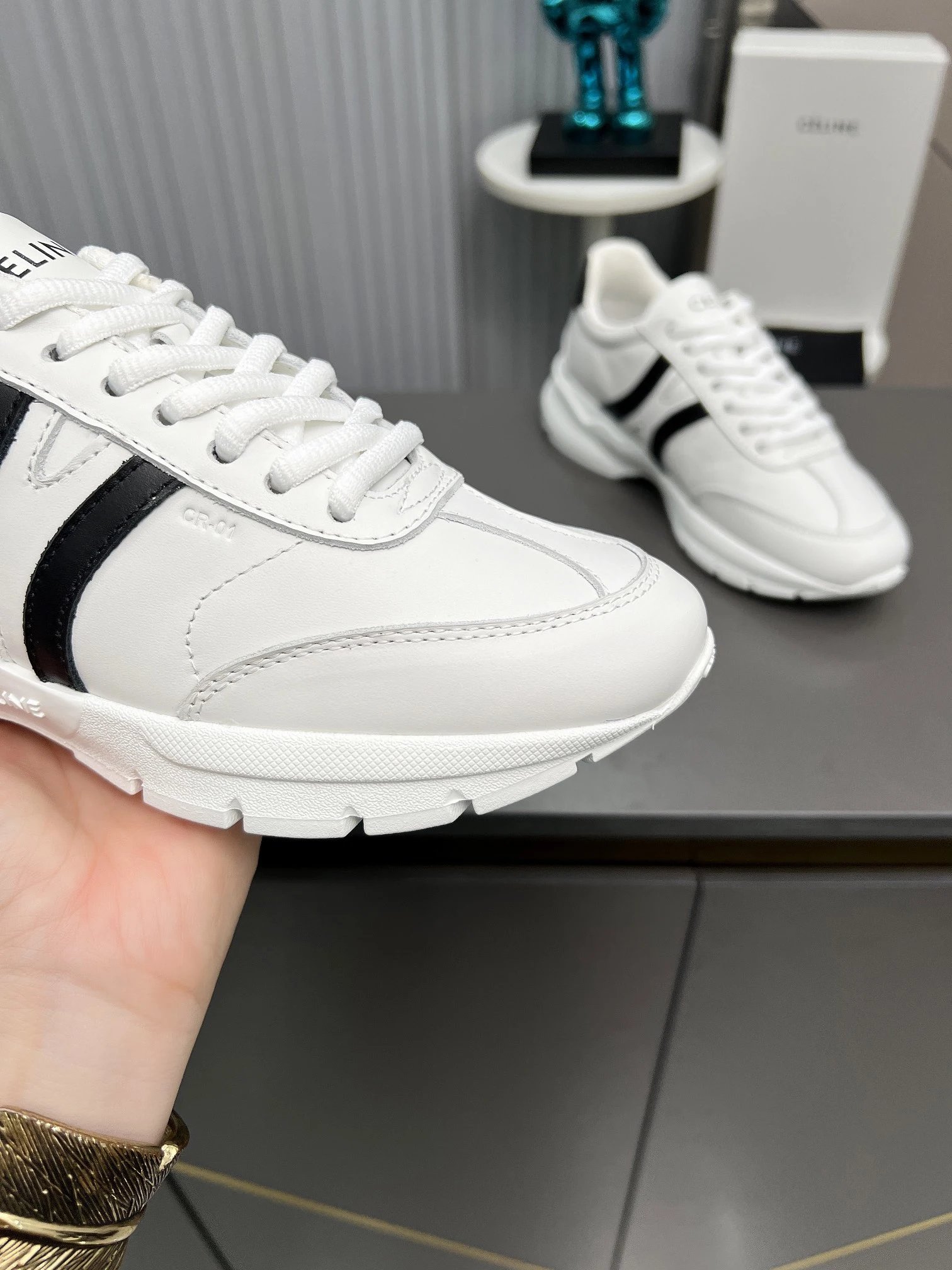 Chunky Dad Sneakers Leather Knit Comfort White Black - Gallery Image 7 - Detailed View