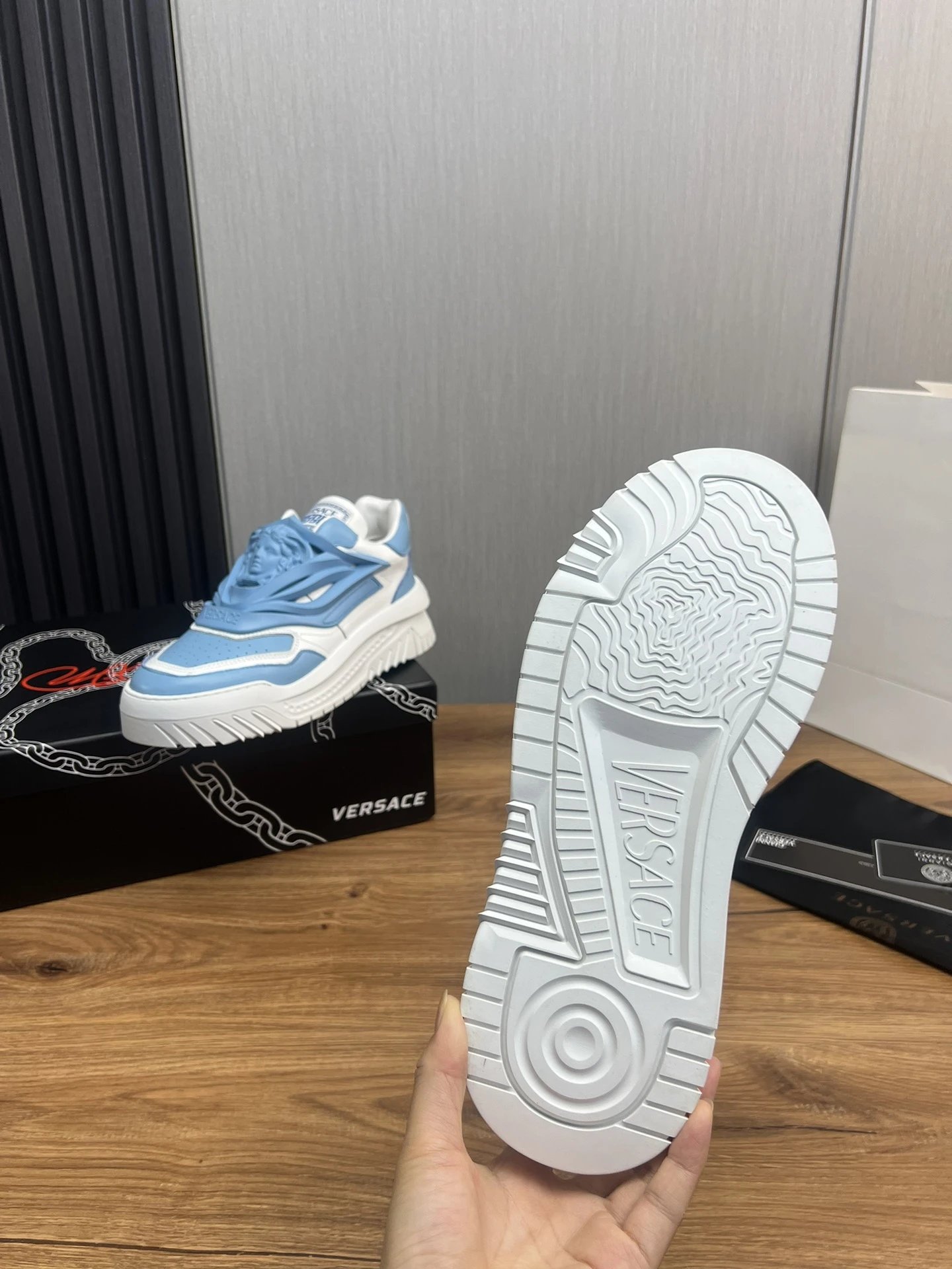 Luxury Leather Low Top Sneakers Mens Powder Blue - Gallery Image 8 - Detailed View