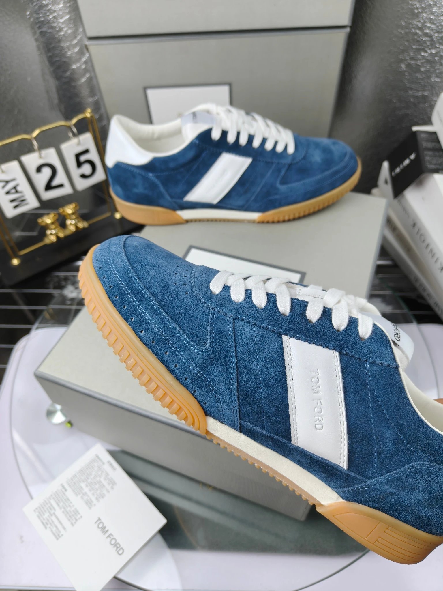Suede Leather Sneakers Retro Gum Sole in Ocean Blue - Gallery Image 5 - Detailed View
