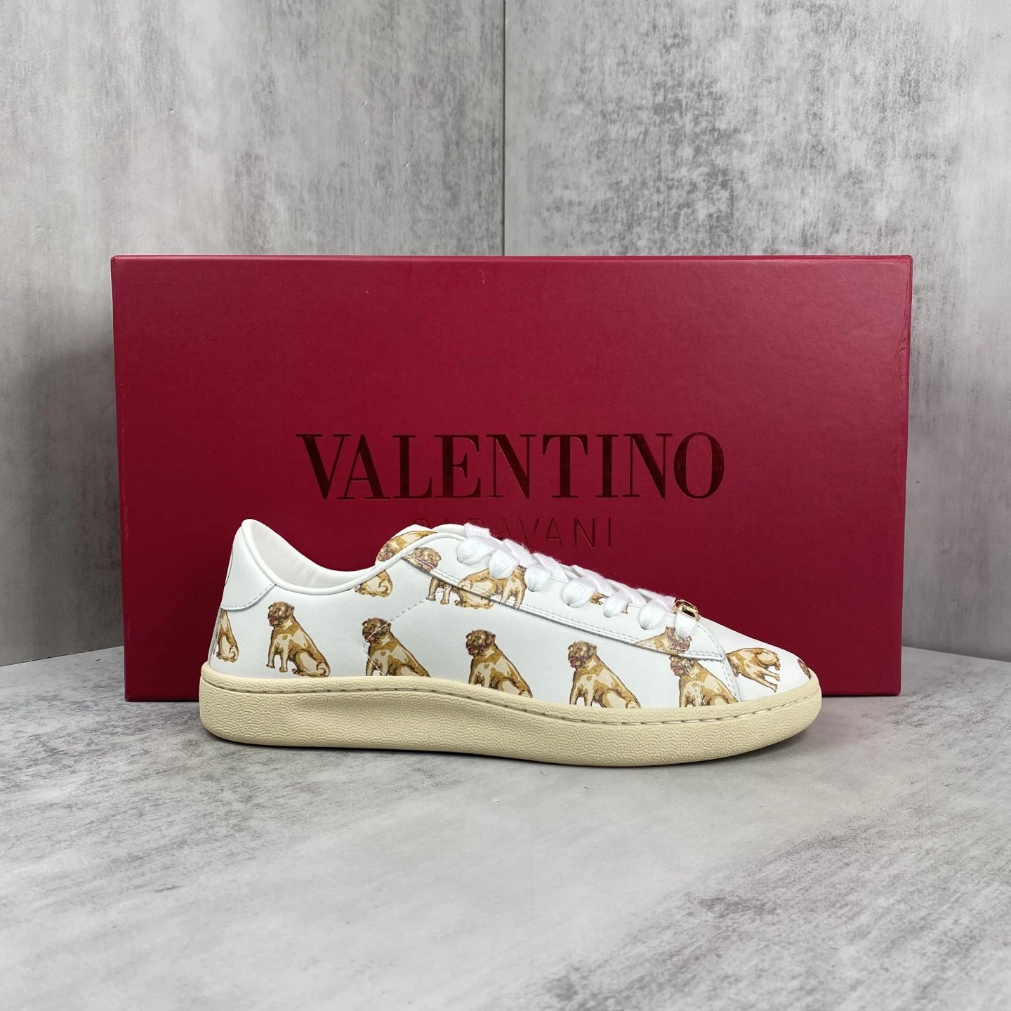 Dog Print Leather Low Top Sneakers Ivory - Gallery Image 1 - Detailed View