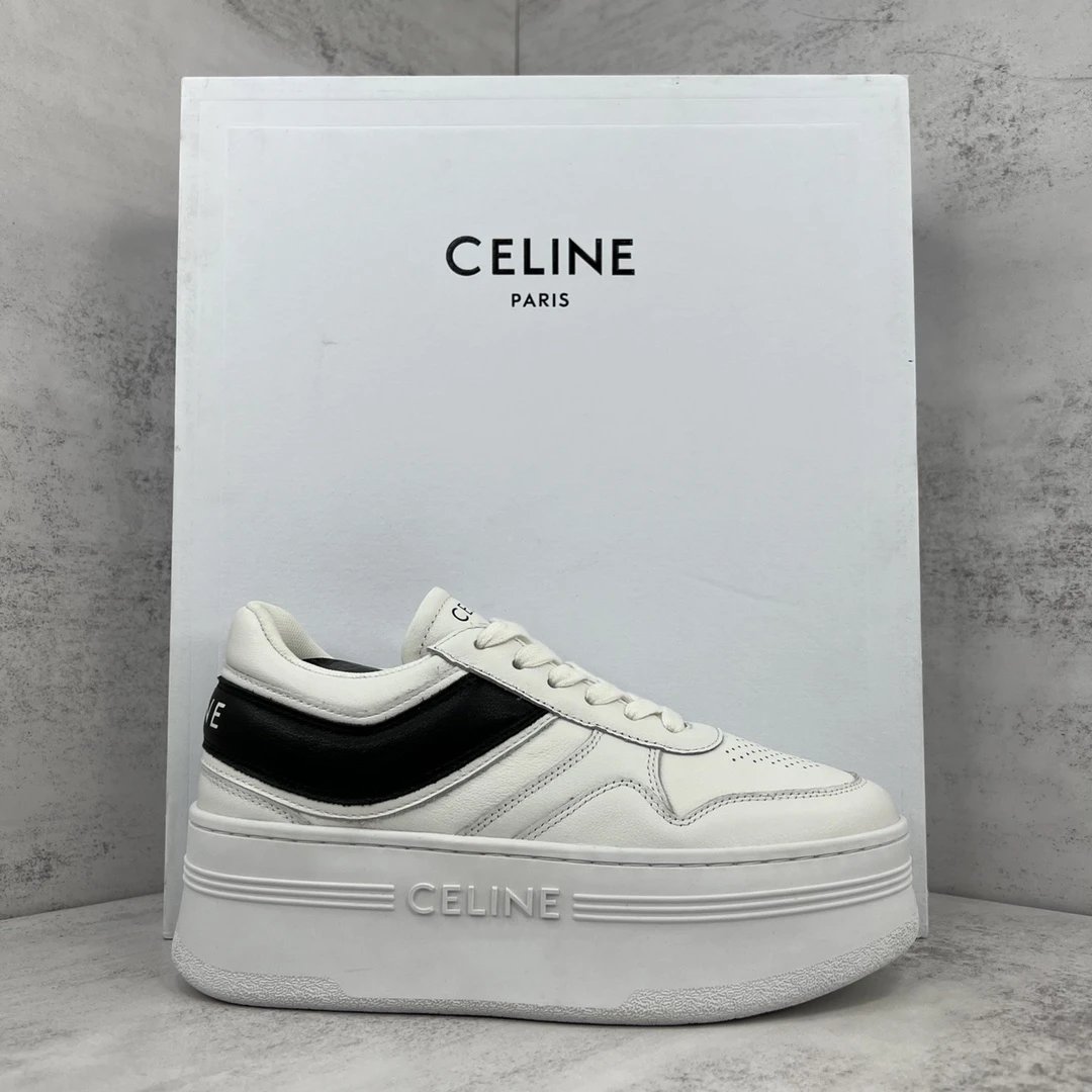Platform Leather Sneakers with Triomphe Design in Ivory Black - Gallery Image 1 - Detailed View