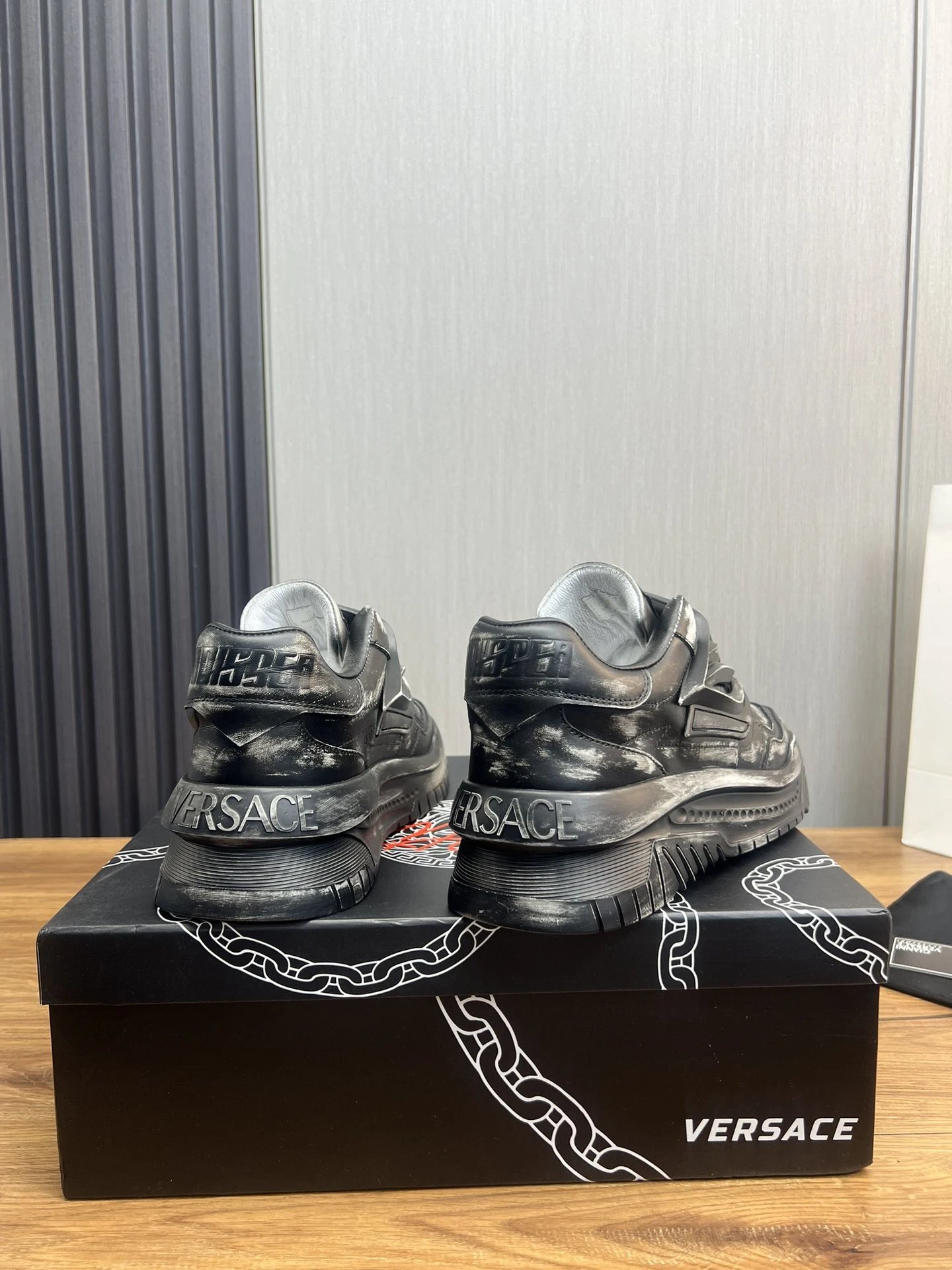 Luxury Leather Chunky Sneakers Charcoal Black - Gallery Image 6 - Detailed View