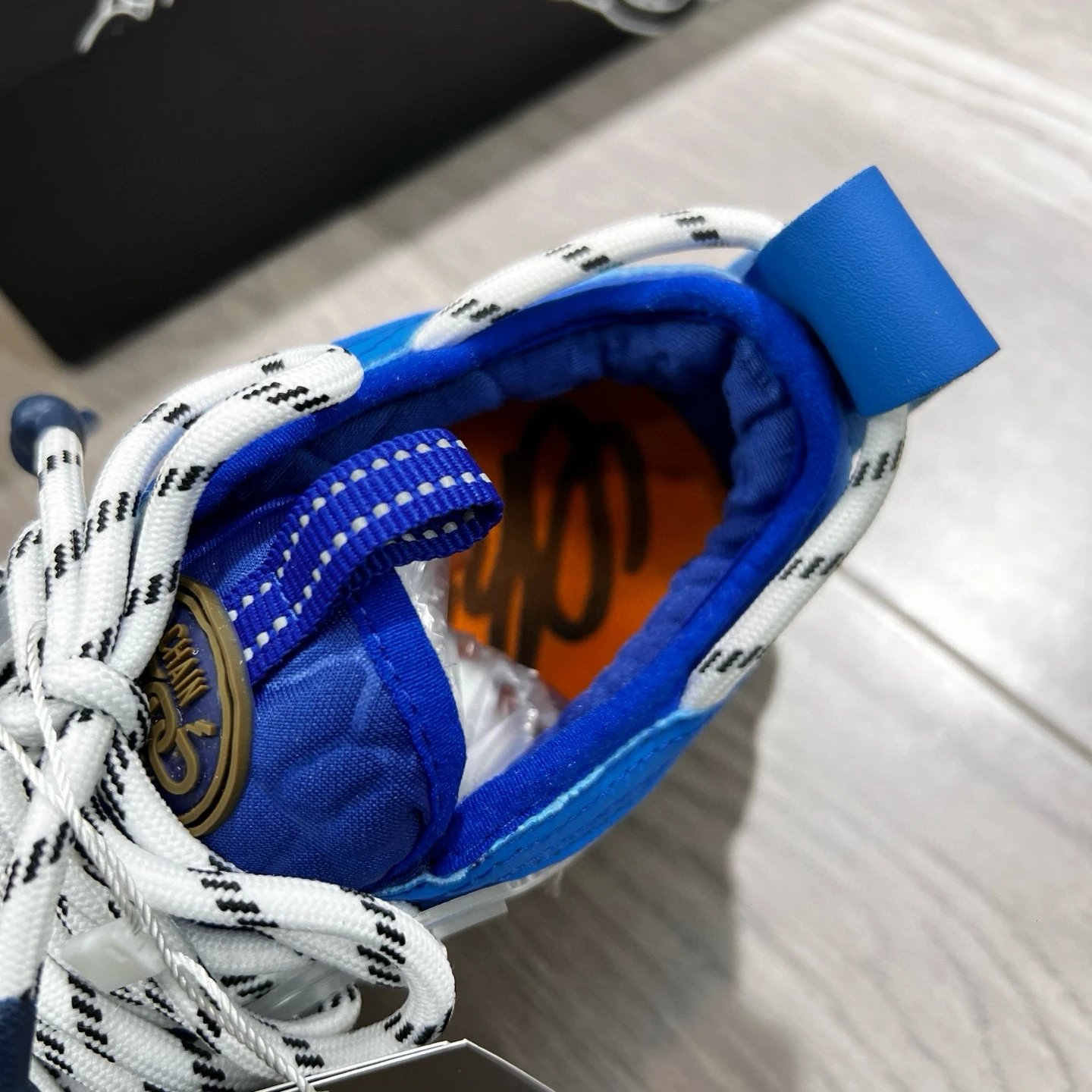 Baroque Print Leather Sneakers with White Sole in Royal Blue - Gallery Image 6 - Detailed View