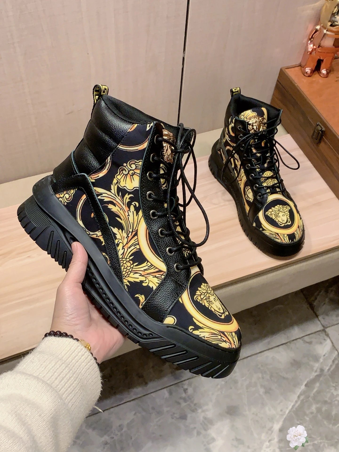 High Top Leather Sneakers Baroque Pattern Black Gold - Gallery Image 7 - Detailed View