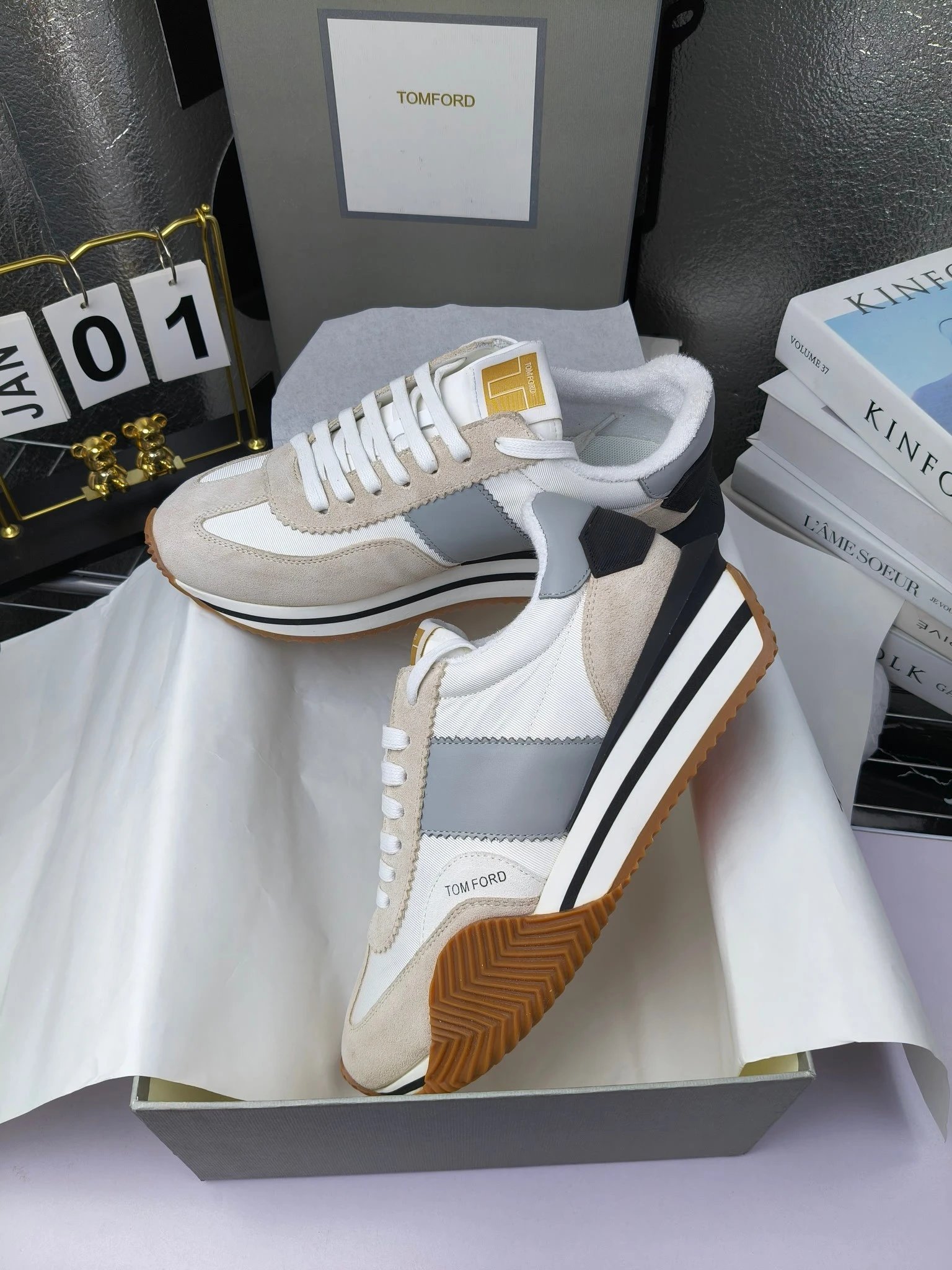 Retro Suede Leather Platform Sneakers Ivory Grey - Gallery Image 5 - Detailed View
