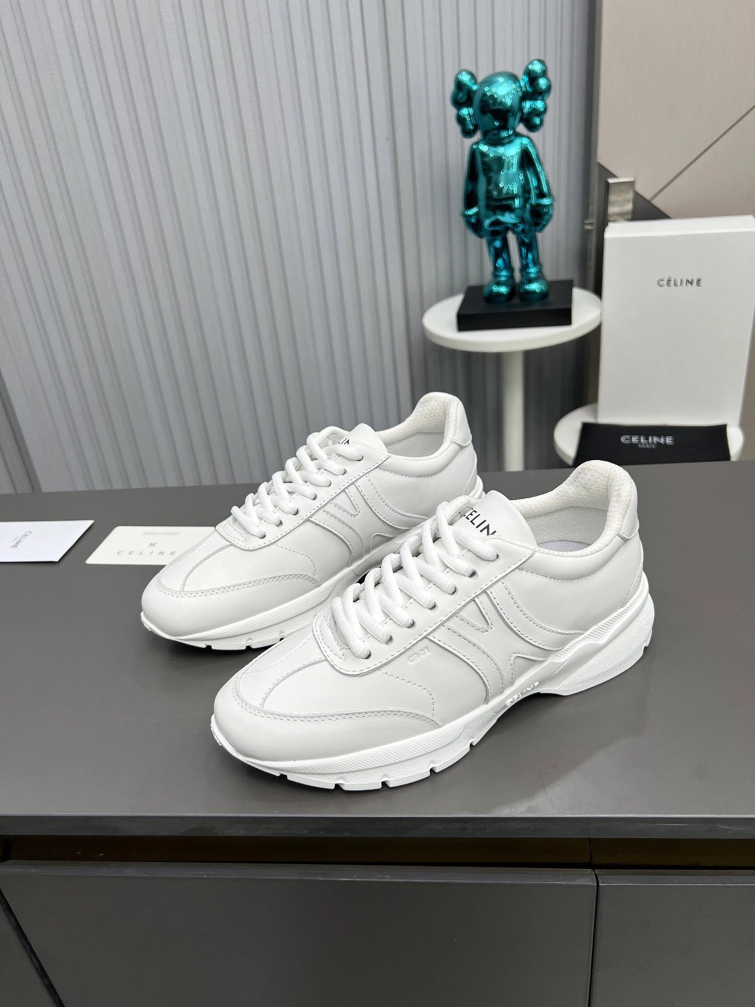 Chunky Leather Dad Sneakers Knit Lining Ivory White - Gallery Image 3 - Detailed View