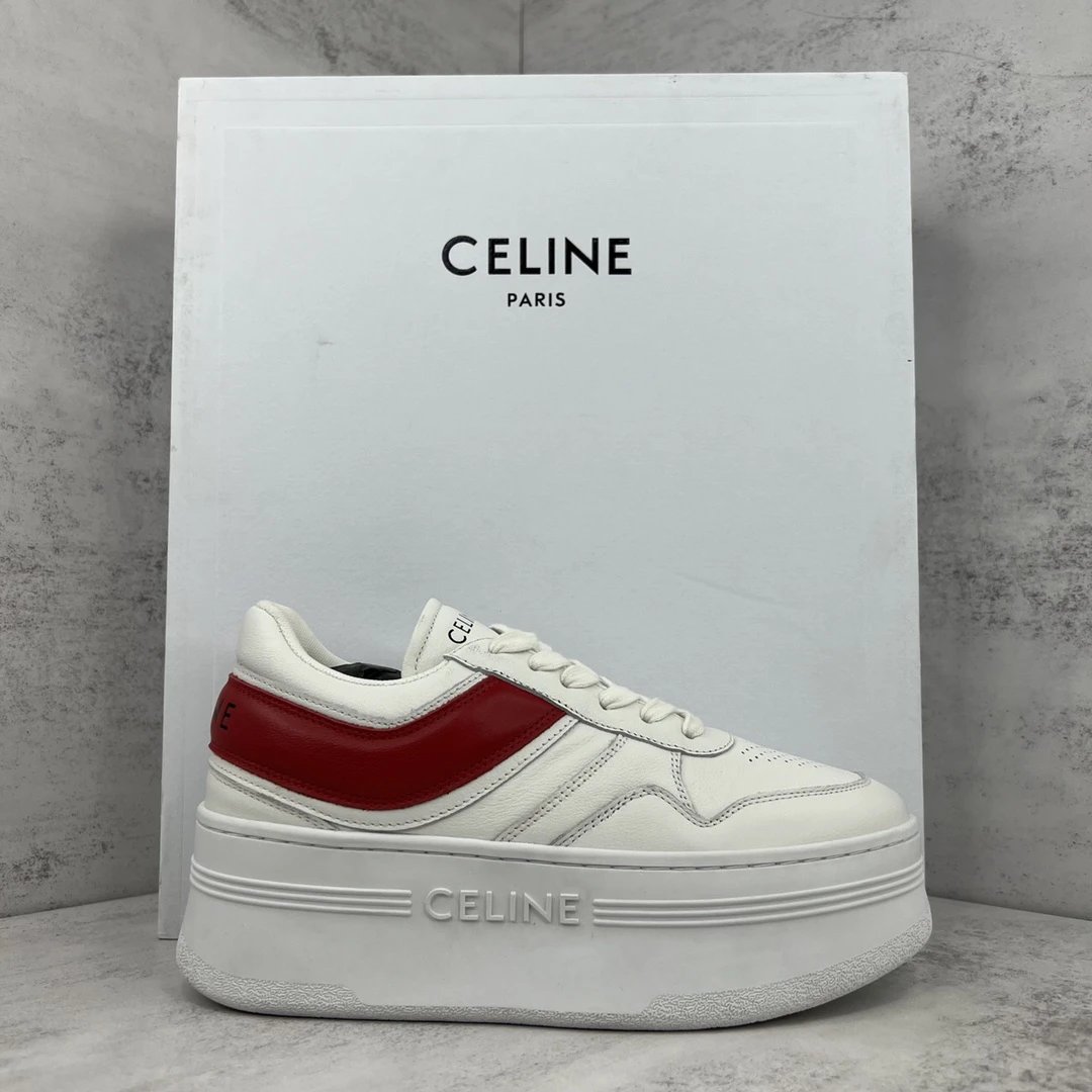 Platform Leather Sneakers with Triomphe Detail in Crimson White - Gallery Image 1 - Detailed View