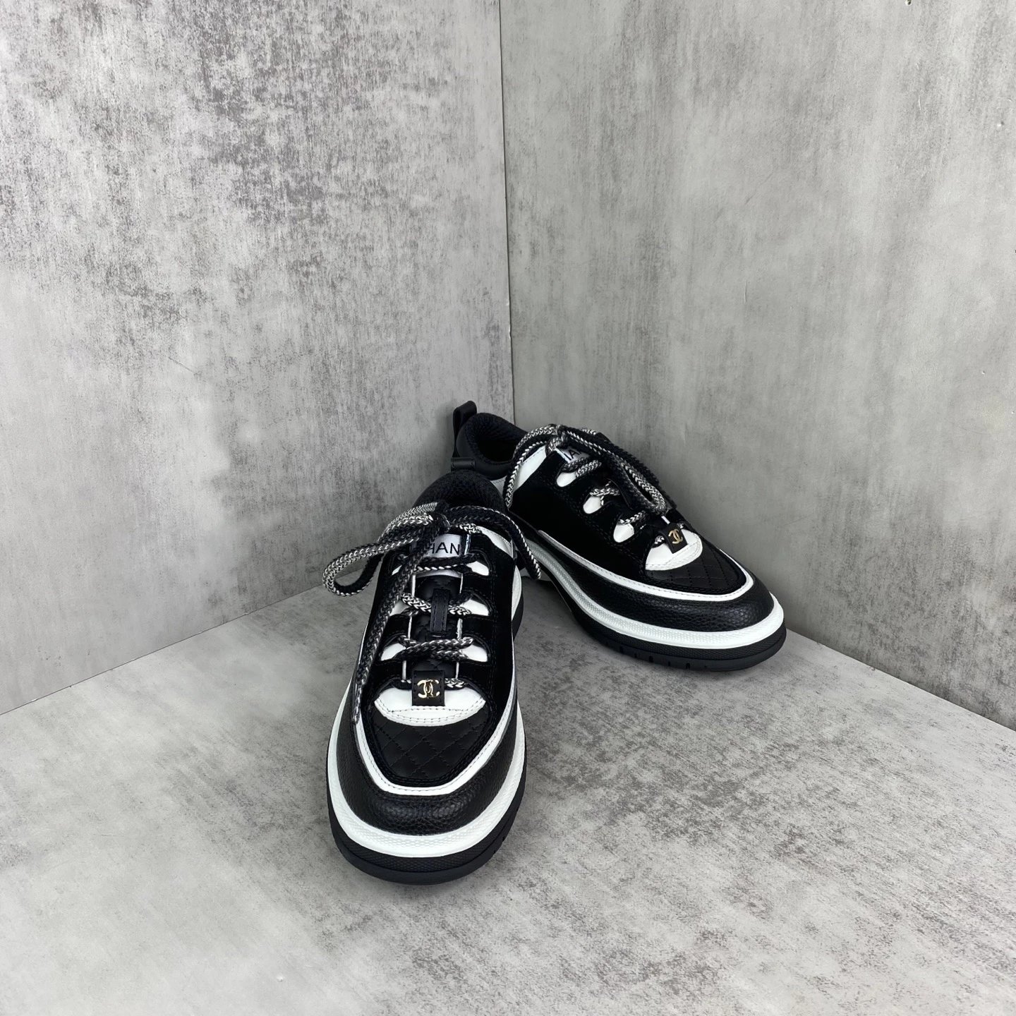 Luxury Leather Platform Sneakers Panda Black Ivory - Gallery Image 2 - Detailed View