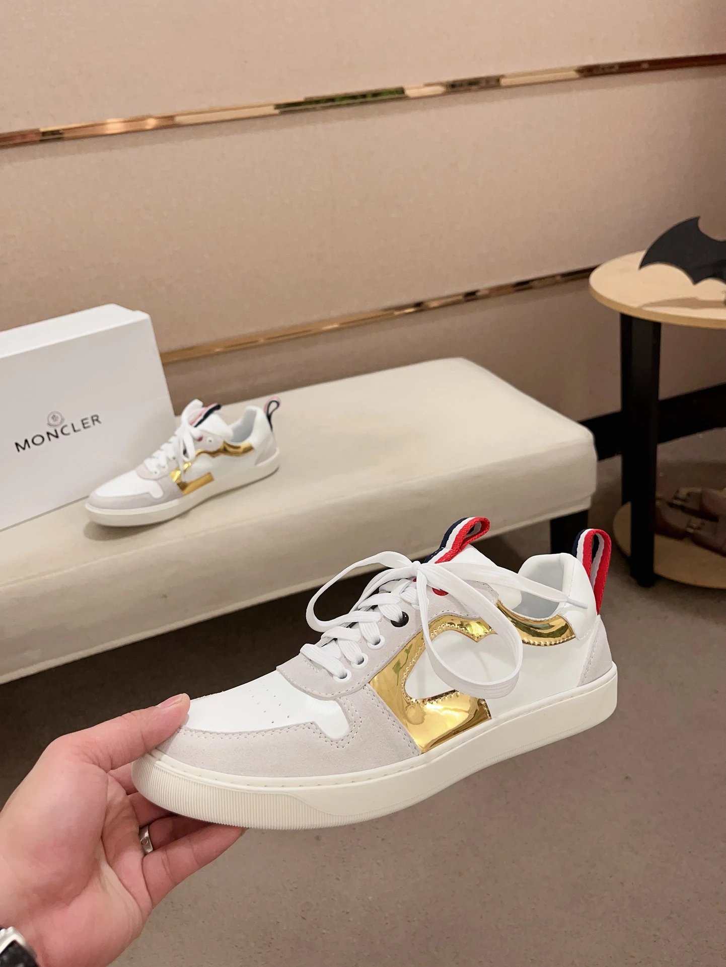 Moncler Lunarove White Sneakers Gold Accent - Gallery Image 3 - Detailed View