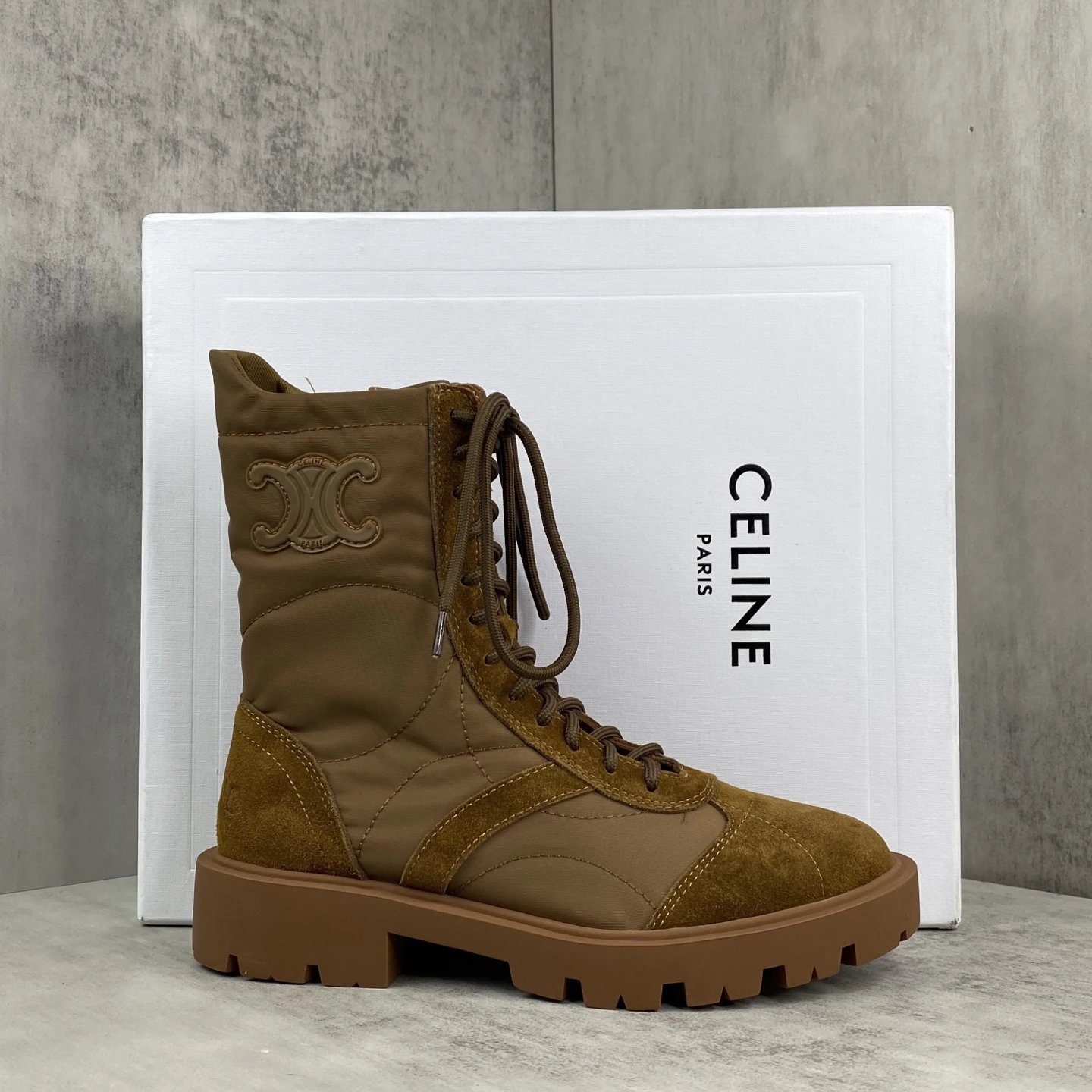 Vintage Calfskin Combat Boots with Arch Logo in Caramel - Gallery Image 1 - Detailed View